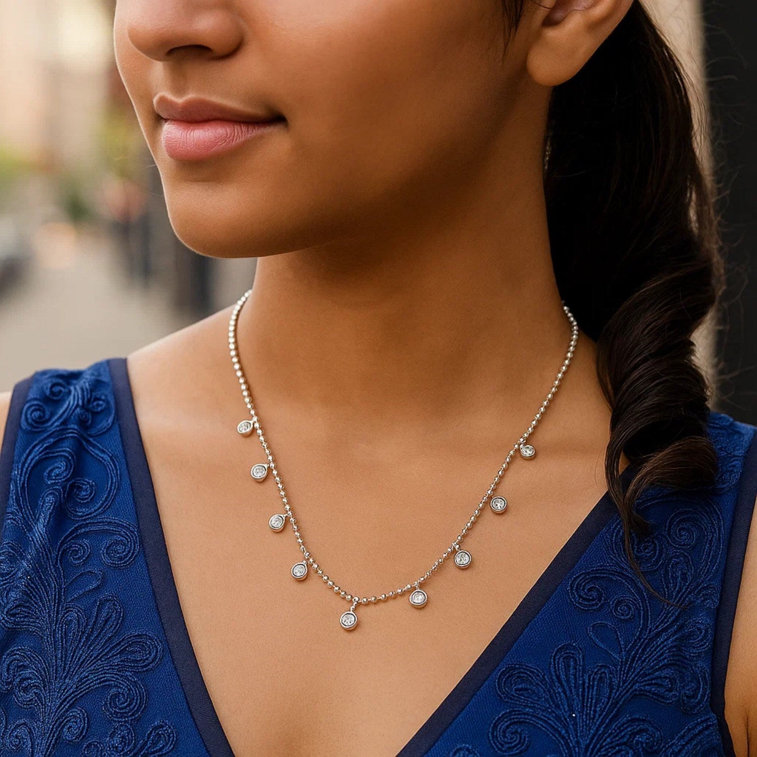 14k White Gold Necklace with Round Diamond Charms - Peelerie