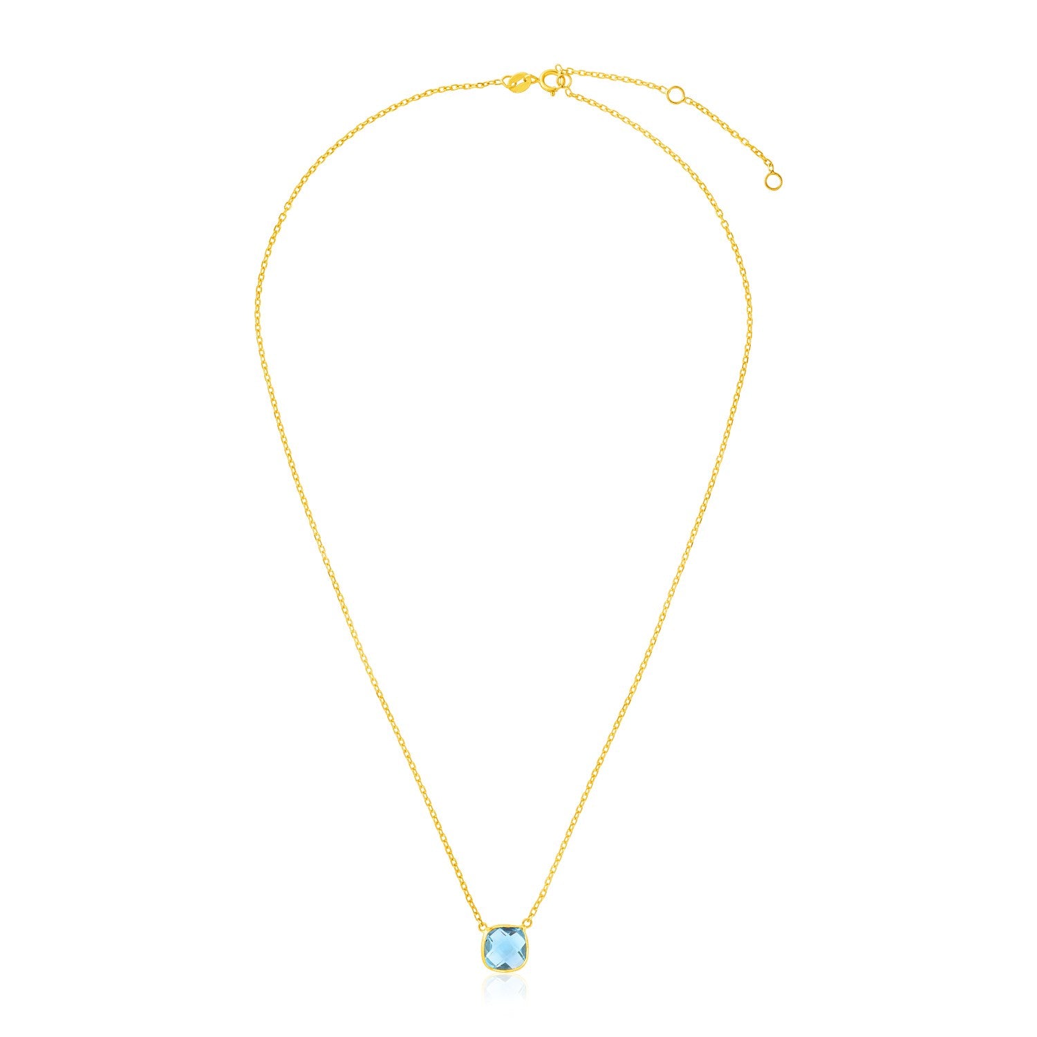 14k Yellow Gold 17 inch Necklace with Cushion Blue Topaz in a sleek high-contrast midnight luxury editorial style