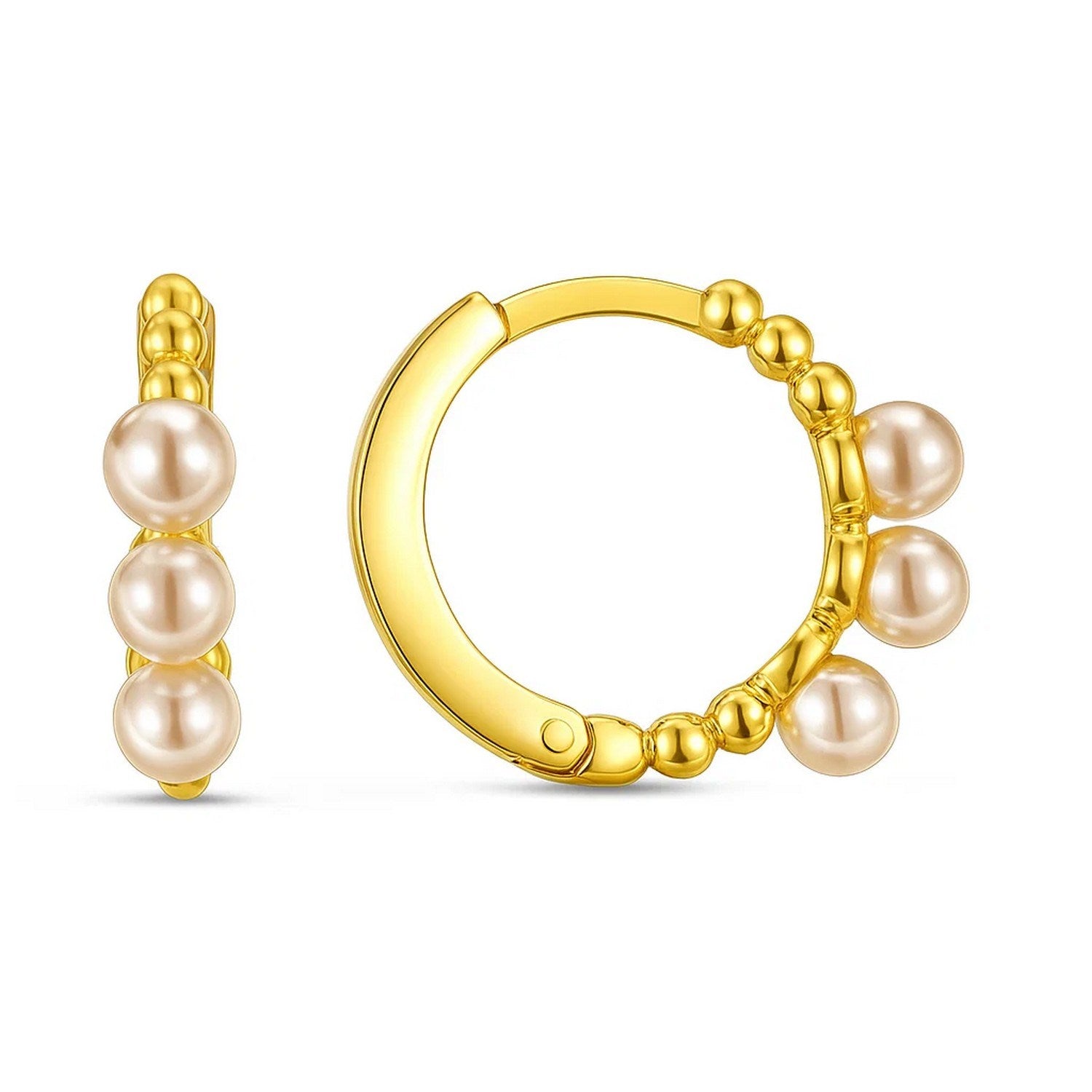 14k Yellow Gold Pearl Huggie Earrings in a sleek high-contrast midnight luxury editorial style
