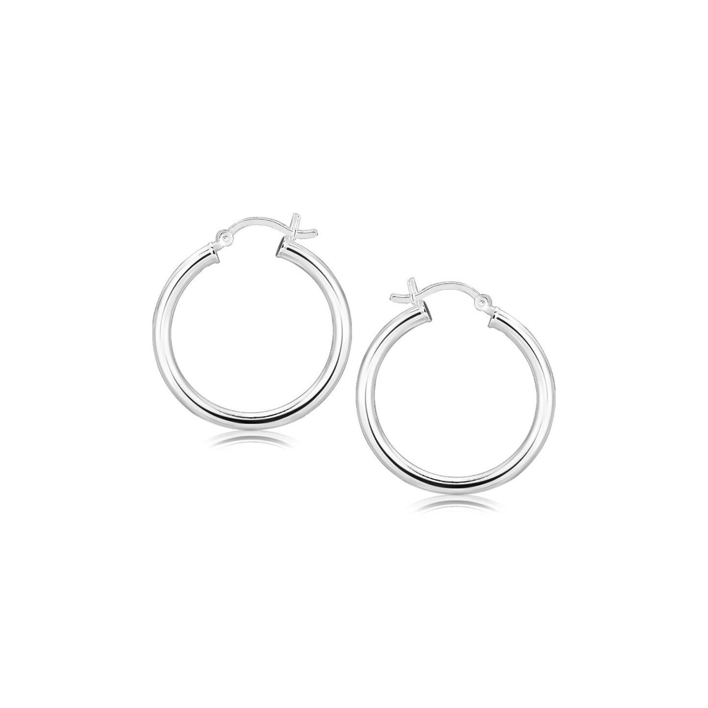 Sterling Silver Rhodium Plated Polished Look Hoop Earrings (3x25mm) in a sleek high-contrast midnight luxury editorial style