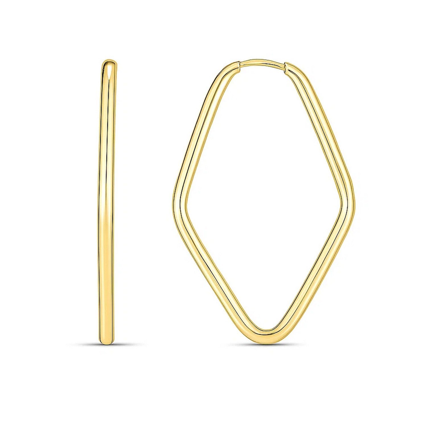 14k Yellow Gold Endless Marquise Hoops in a sleek high-contrast midnight luxury editorial style
