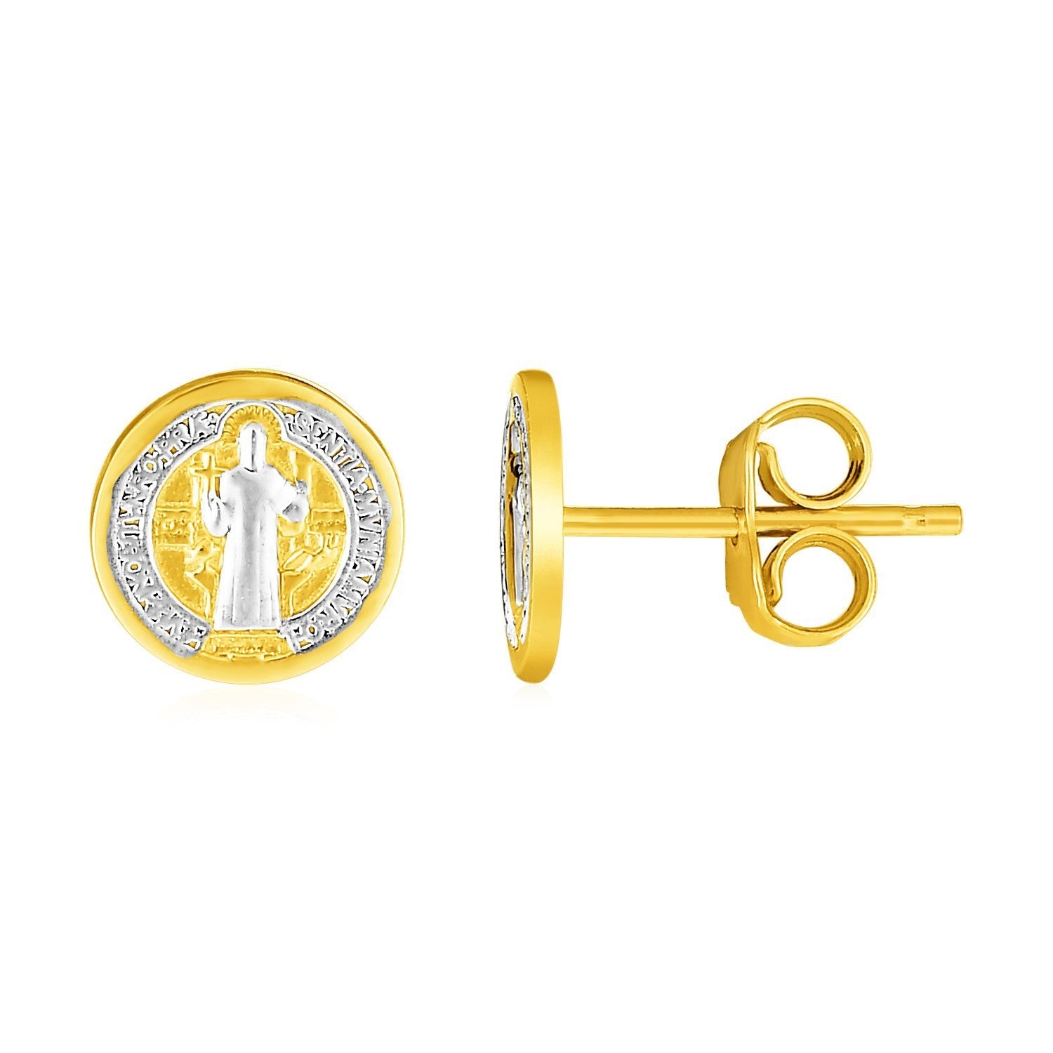 14k Two Tone Gold Round Religious Medal Post Earrings(8mm) in a sleek high-contrast midnight luxury editorial style