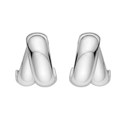Sterling Silver Puffed Double Row Crossover C Hoop Earrings