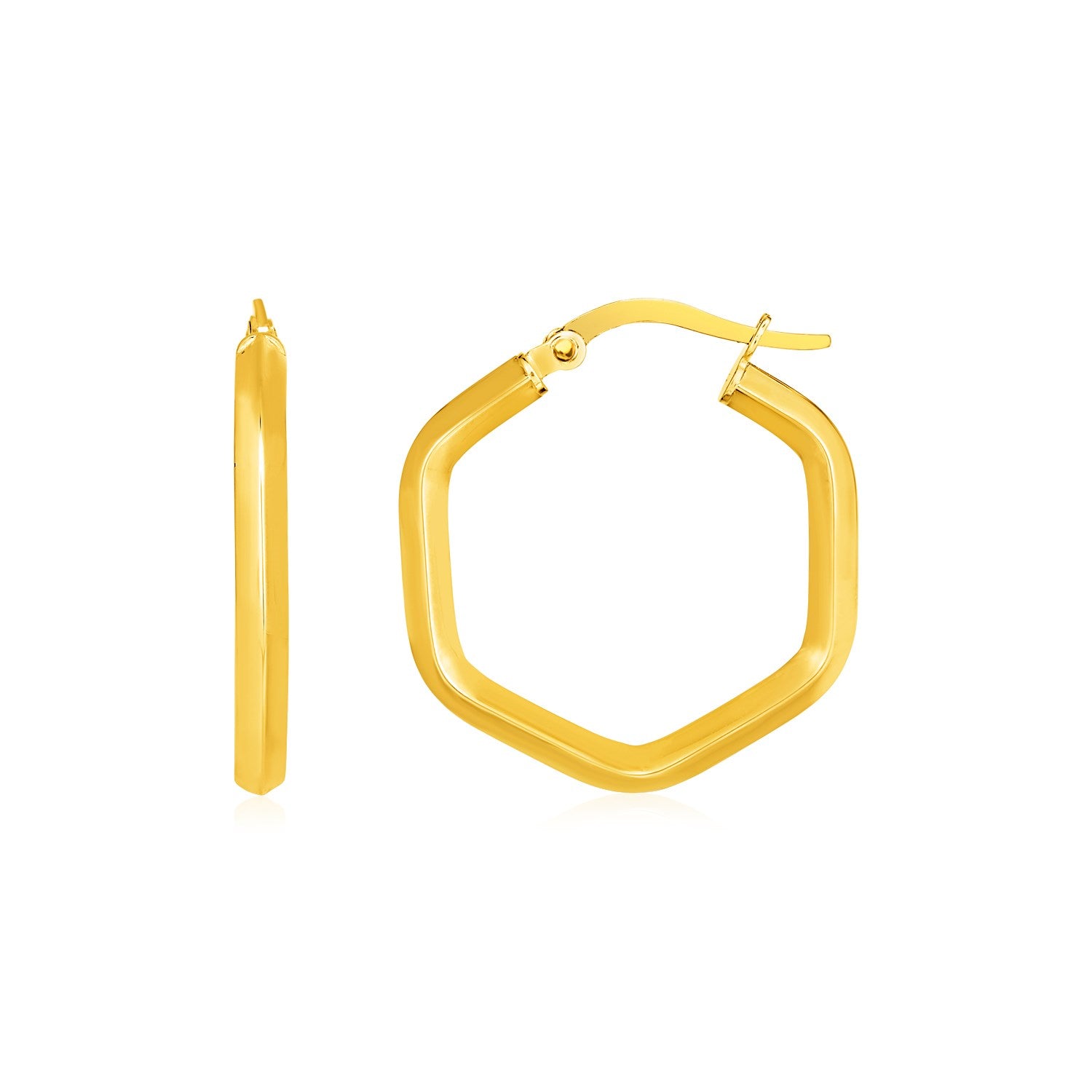 14k Yellow Gold Shiny Hexagon Hoop Earrings in a sleek high-contrast midnight luxury editorial style
