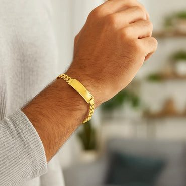 14k Yellow Gold Mens ID Cuban Chain Bracelet (8.00 mm) - Peelerie
