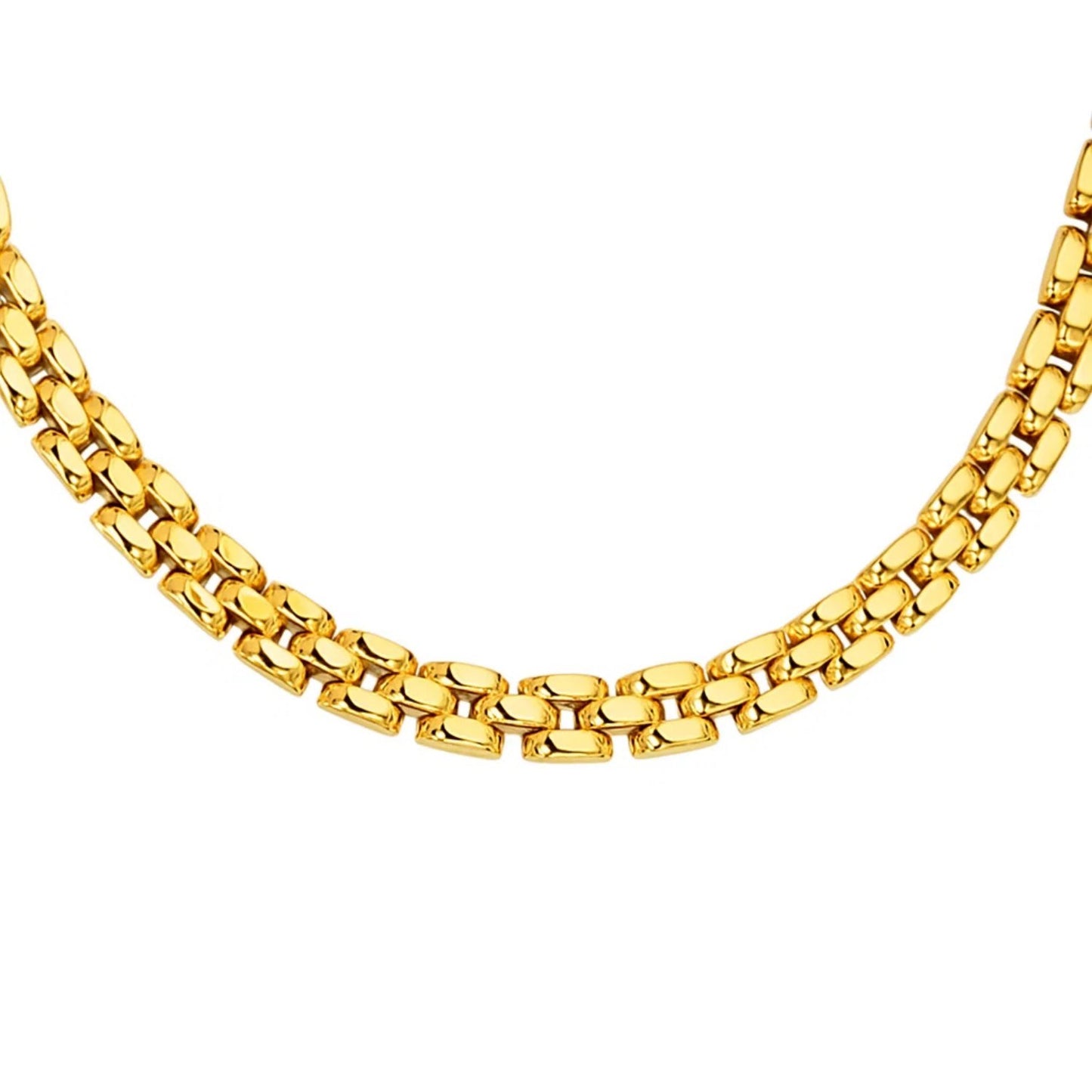 14k Yellow Gold Panther Chain Link Shiny Necklace in a sleek high-contrast midnight luxury editorial style