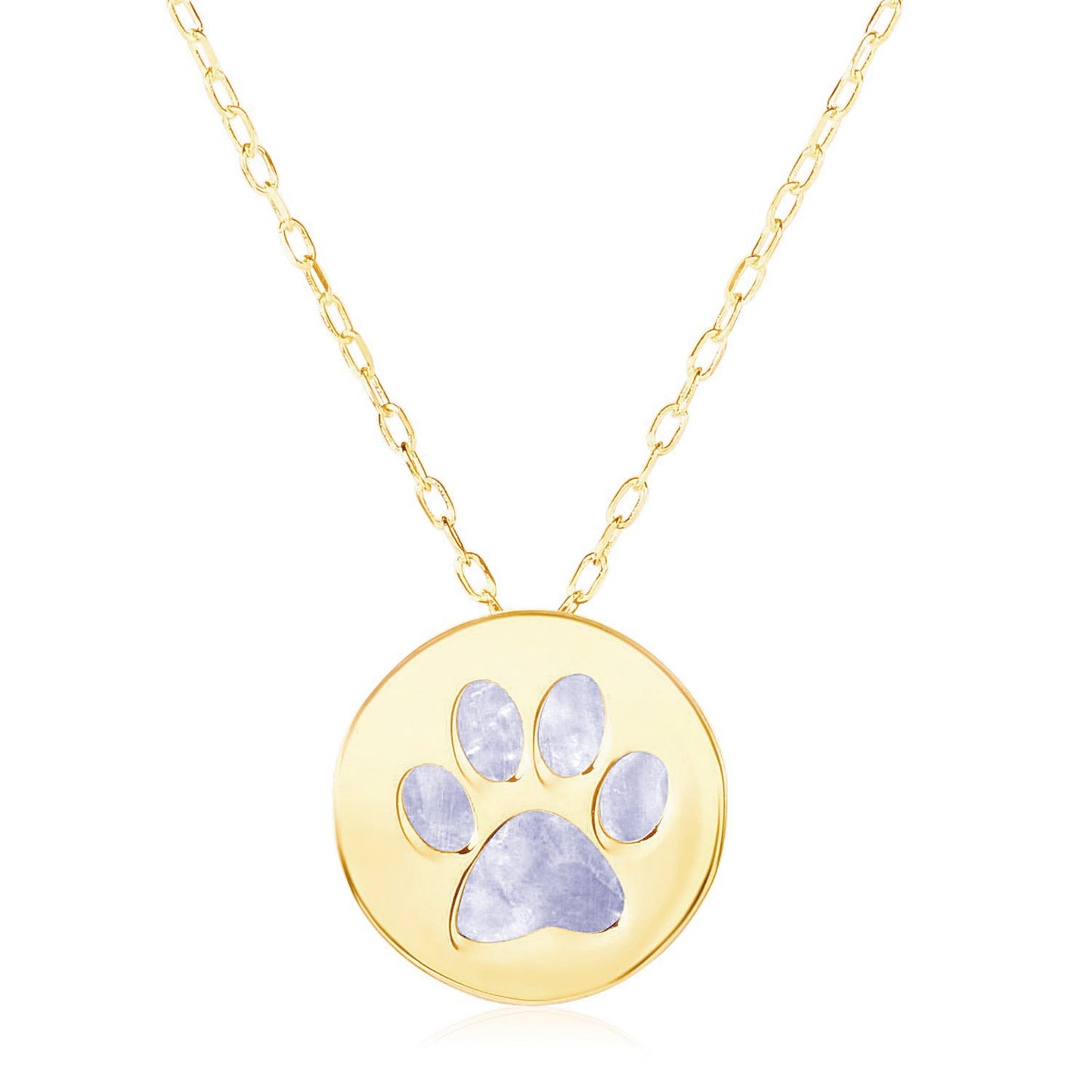 14k Yellow Gold Necklace with Dog Paw Print Symbol in Mother of Pearl in a sleek high-contrast midnight luxury editorial styl