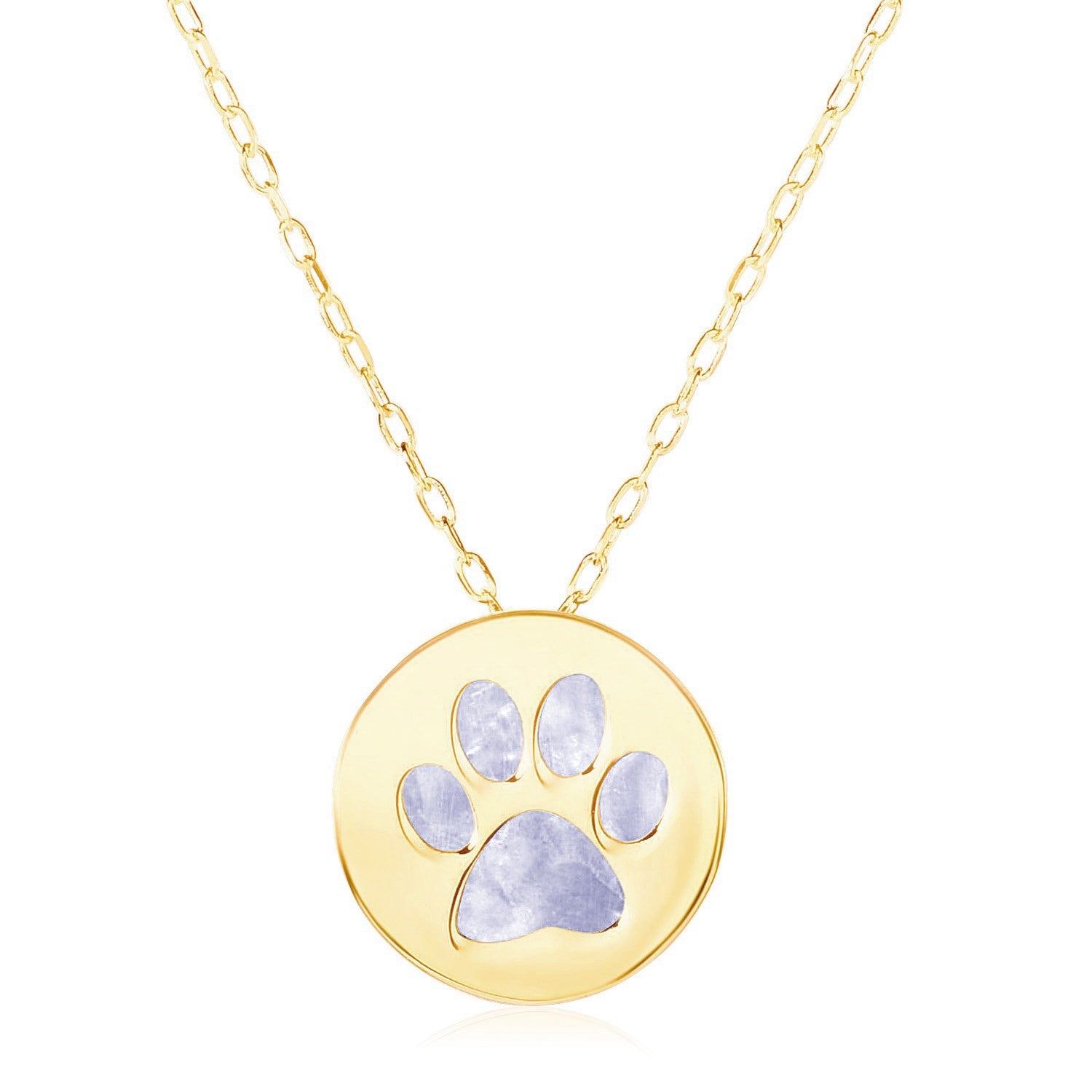 14k Yellow Gold Necklace with Dog Paw Print Symbol in Mother of Pearl in a sleek high-contrast midnight luxury editorial styl
