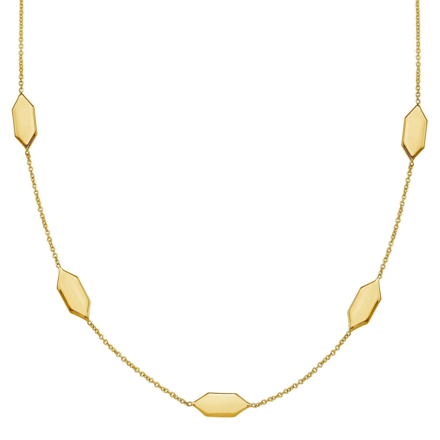 Elongated Hexagon Necklace in 14K Yellow Gold in a sleek high-contrast midnight luxury editorial style