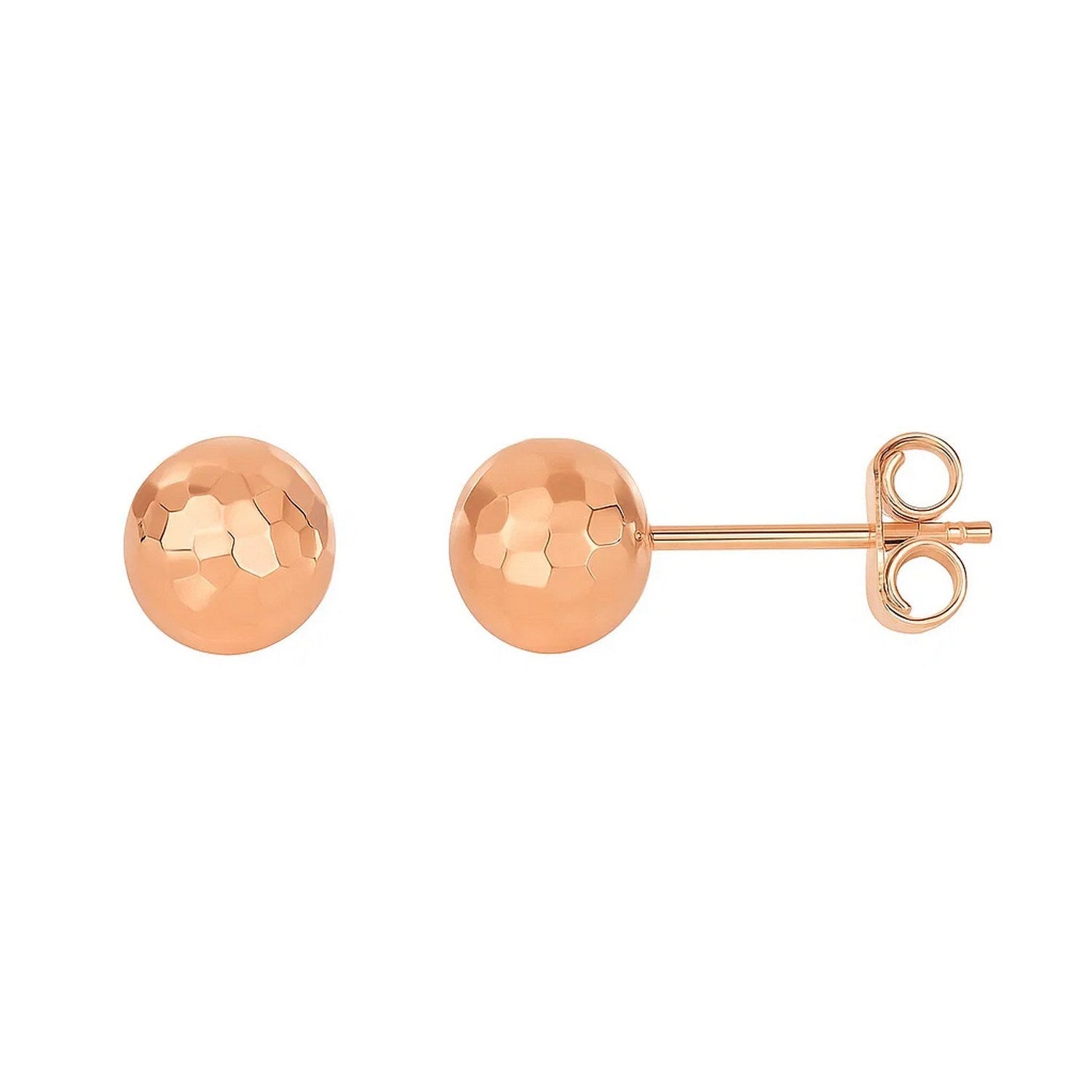 14k Rose Gold Round Faceted Style Stud Earrings(7mm) in a sleek high-contrast midnight luxury editorial style