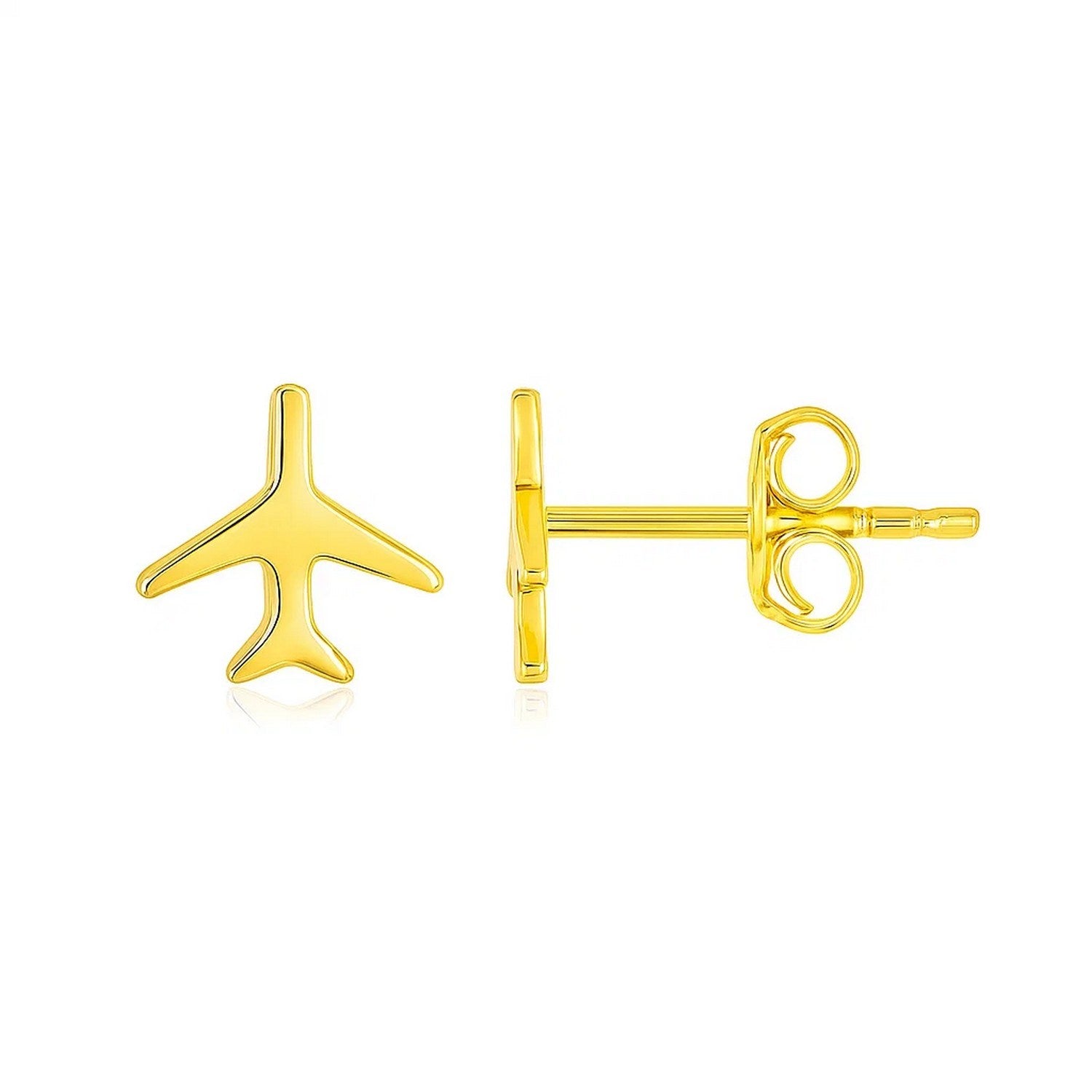 14K Yellow Gold Airplane Earrings in a sleek high-contrast midnight luxury editorial style