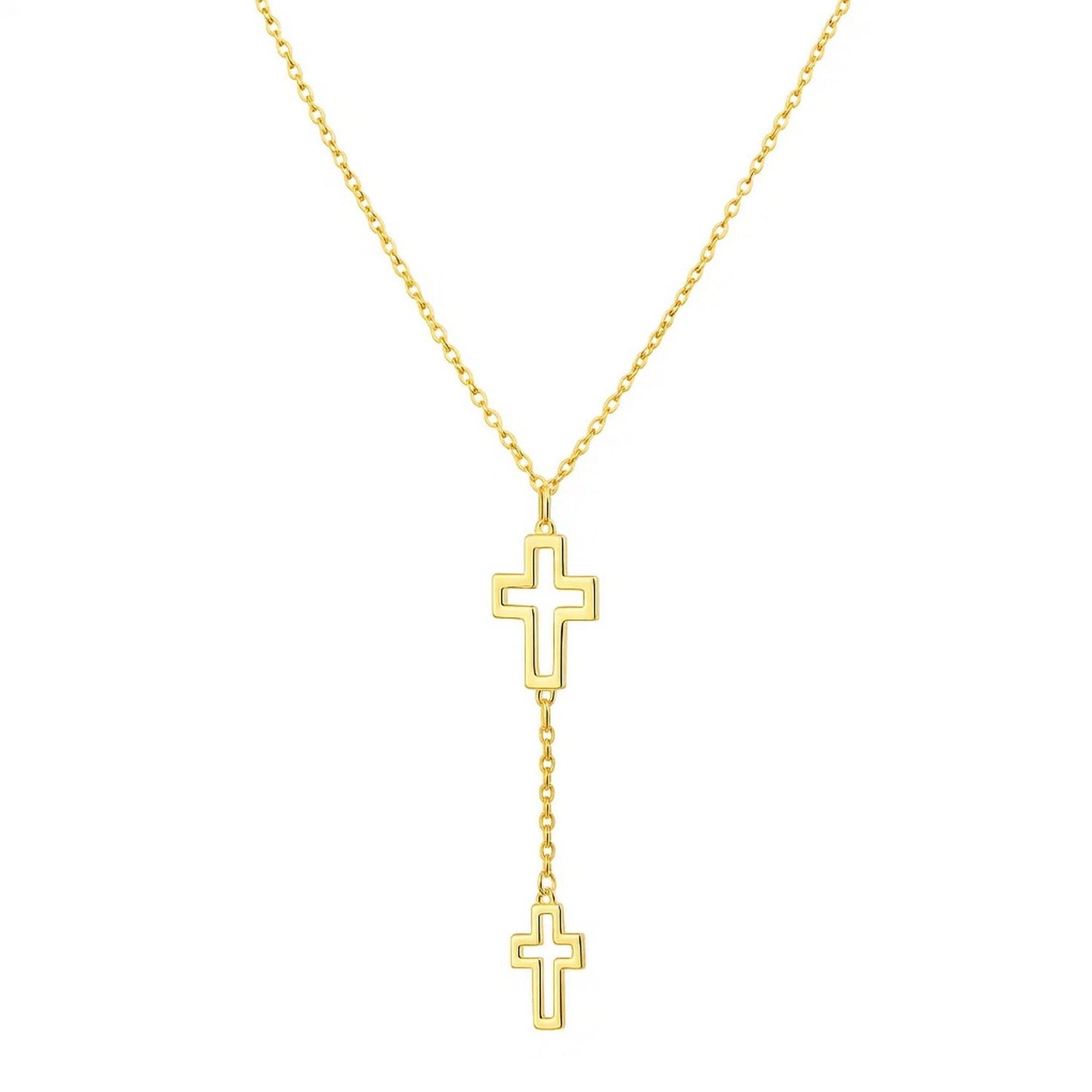 Double Cross Drop Necklace in 14K Yellow Gold in a sleek high-contrast midnight luxury editorial style