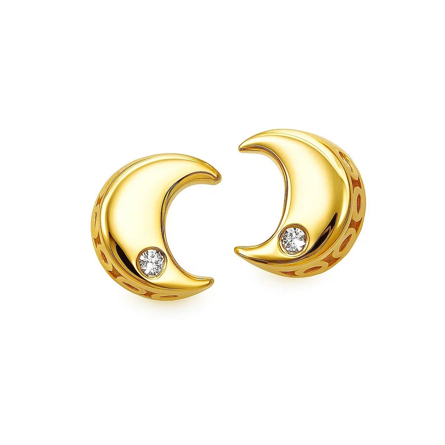 14k Yellow Gold Polished Moon Earrings with Diamonds in a sleek high-contrast midnight luxury editorial style