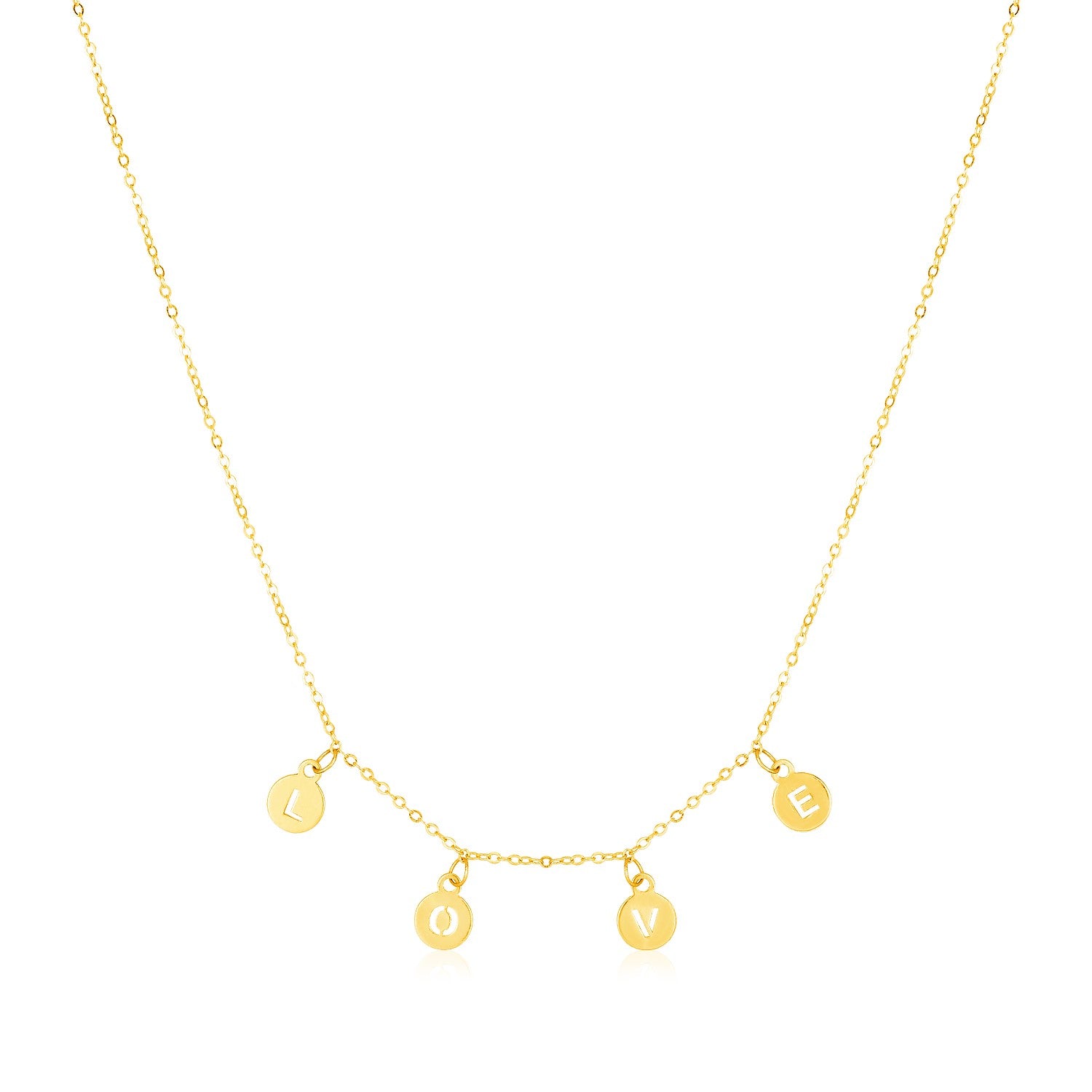 14k Yellow Gold Love Necklace with Circle Drops in a sleek high-contrast midnight luxury editorial style