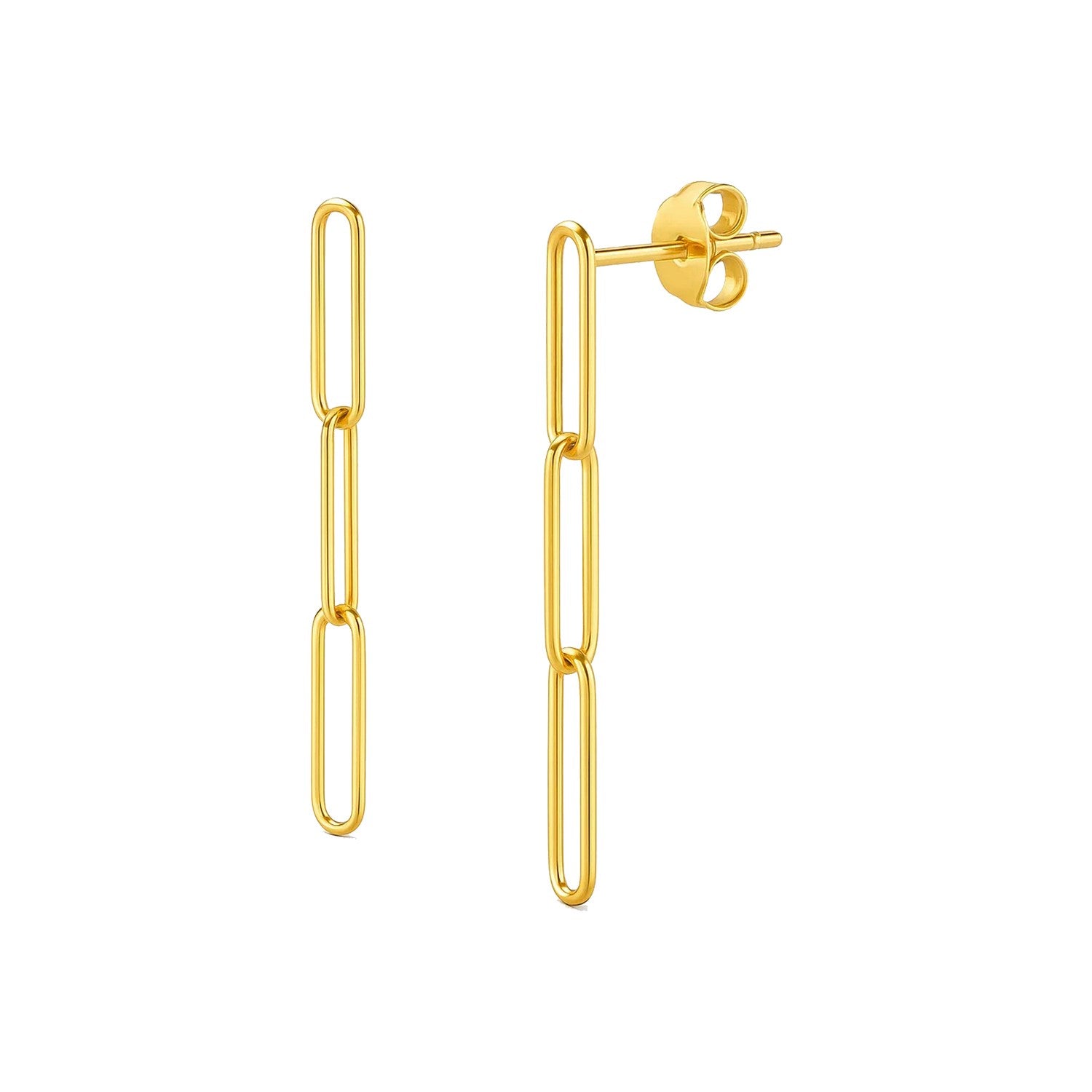 14k Yellow Gold Paperclip Chain Dangle Earrings in a sleek high-contrast midnight luxury editorial style