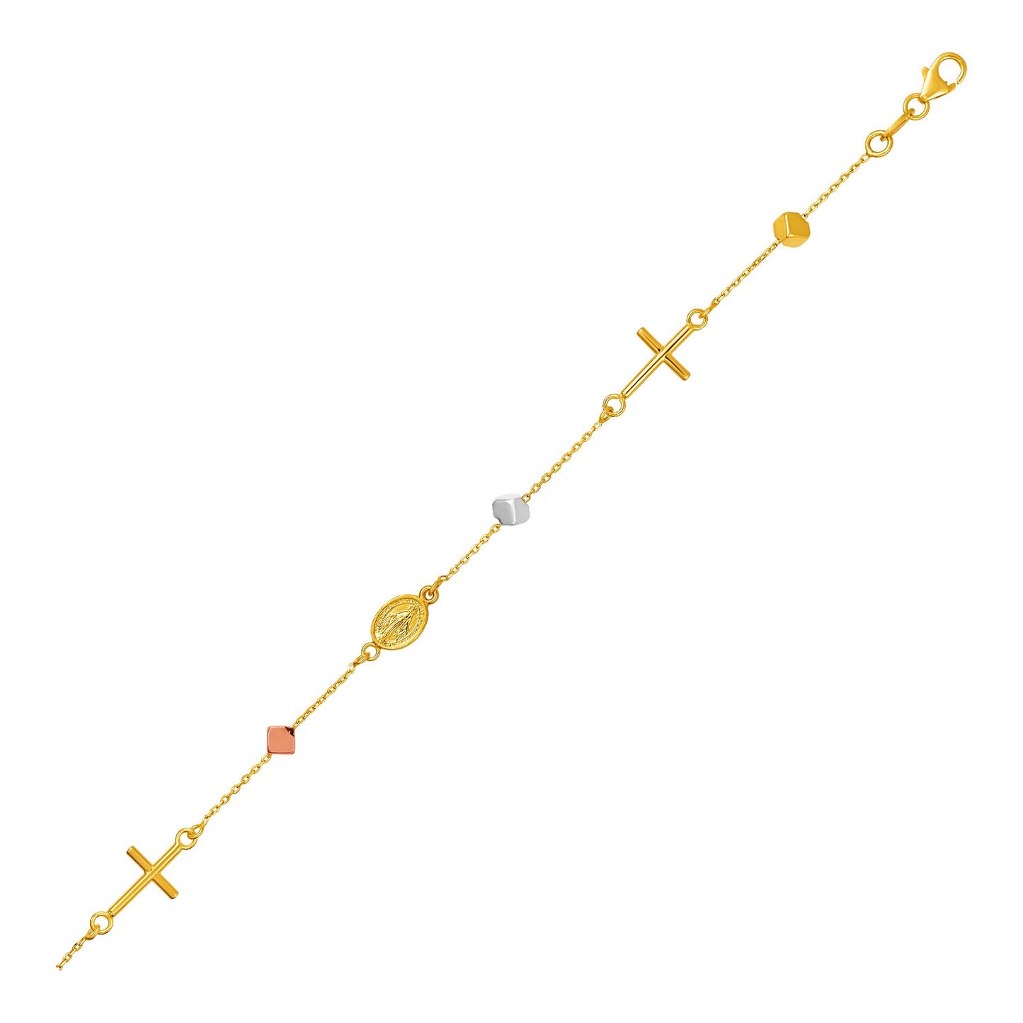 14k Tri Color Gold Bracelet with Crosses Cubes and Medallions in a sleek high-contrast midnight luxury editorial style