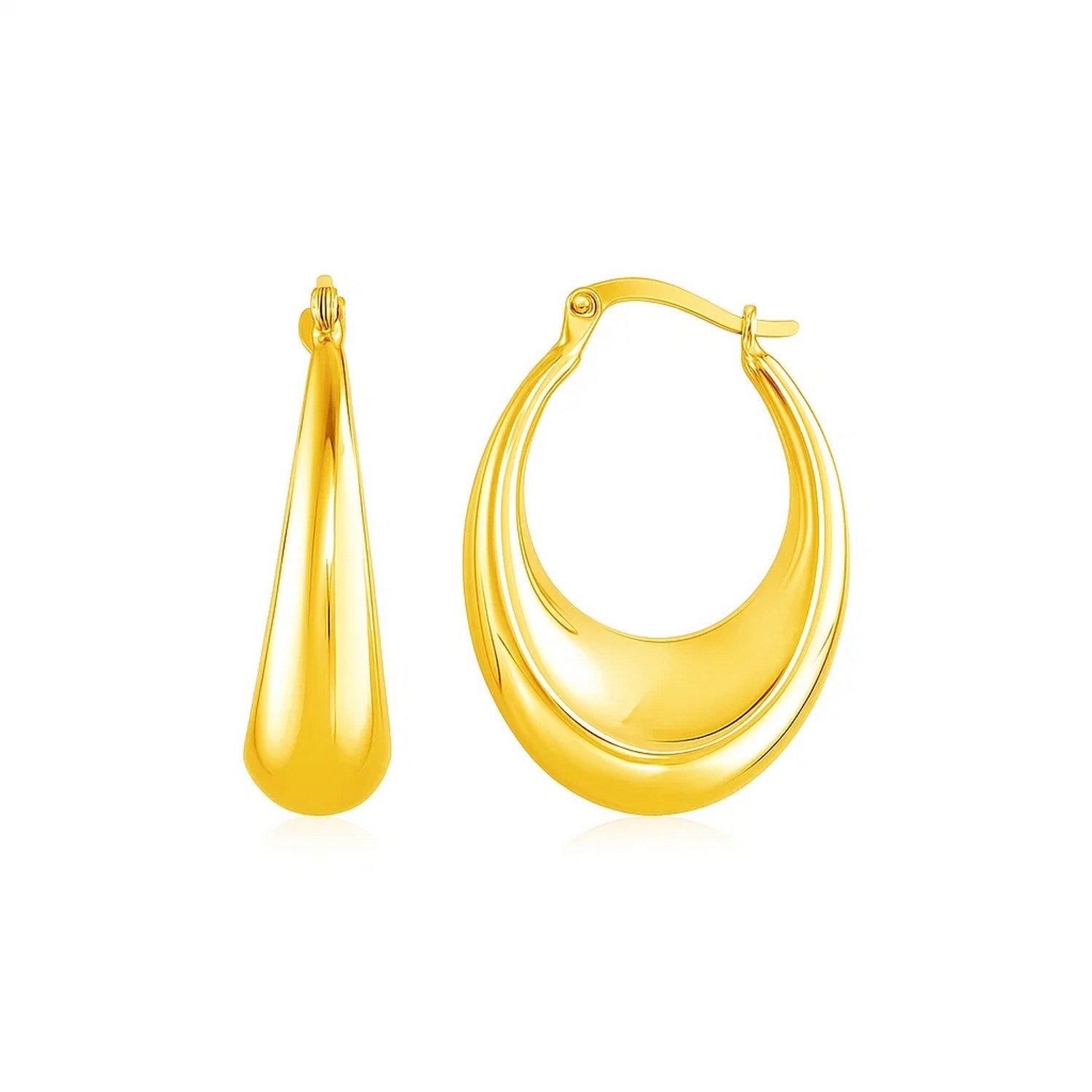 14k Yellow Gold Polished Puffed Hoop Earrings in a sleek high-contrast midnight luxury editorial style
