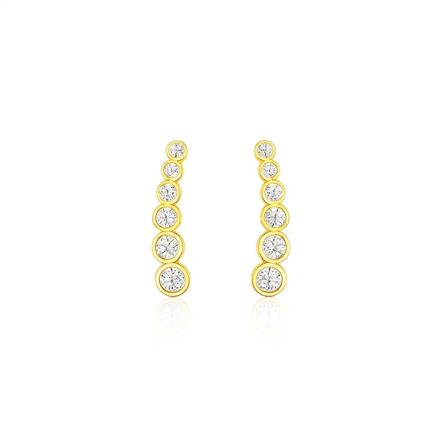 14k Yellow Gold Graduated Circles Climber Post Earrings with Cubic Zirconias in a sleek high-contrast midnight luxury editori