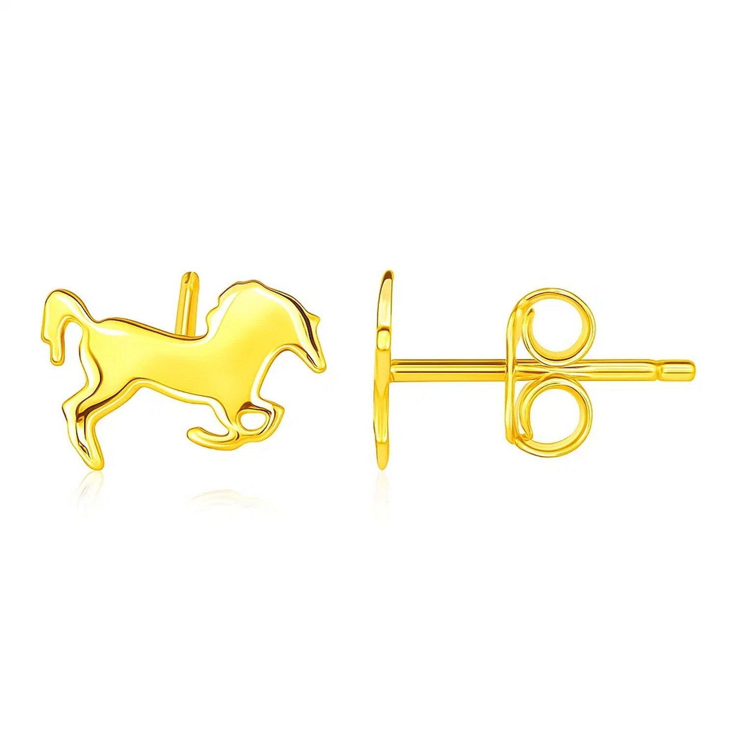 14K Yellow Gold Horse Earrings in a sleek high-contrast midnight luxury editorial style