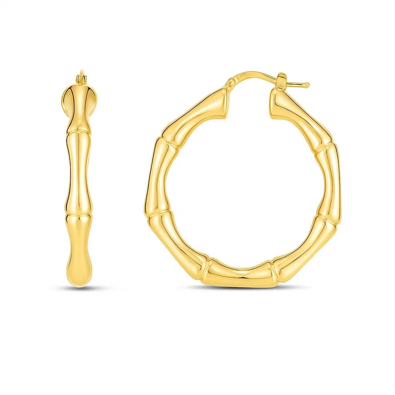 14k Yellow Gold Large Bamboo Hoops in a sleek high-contrast midnight luxury editorial style