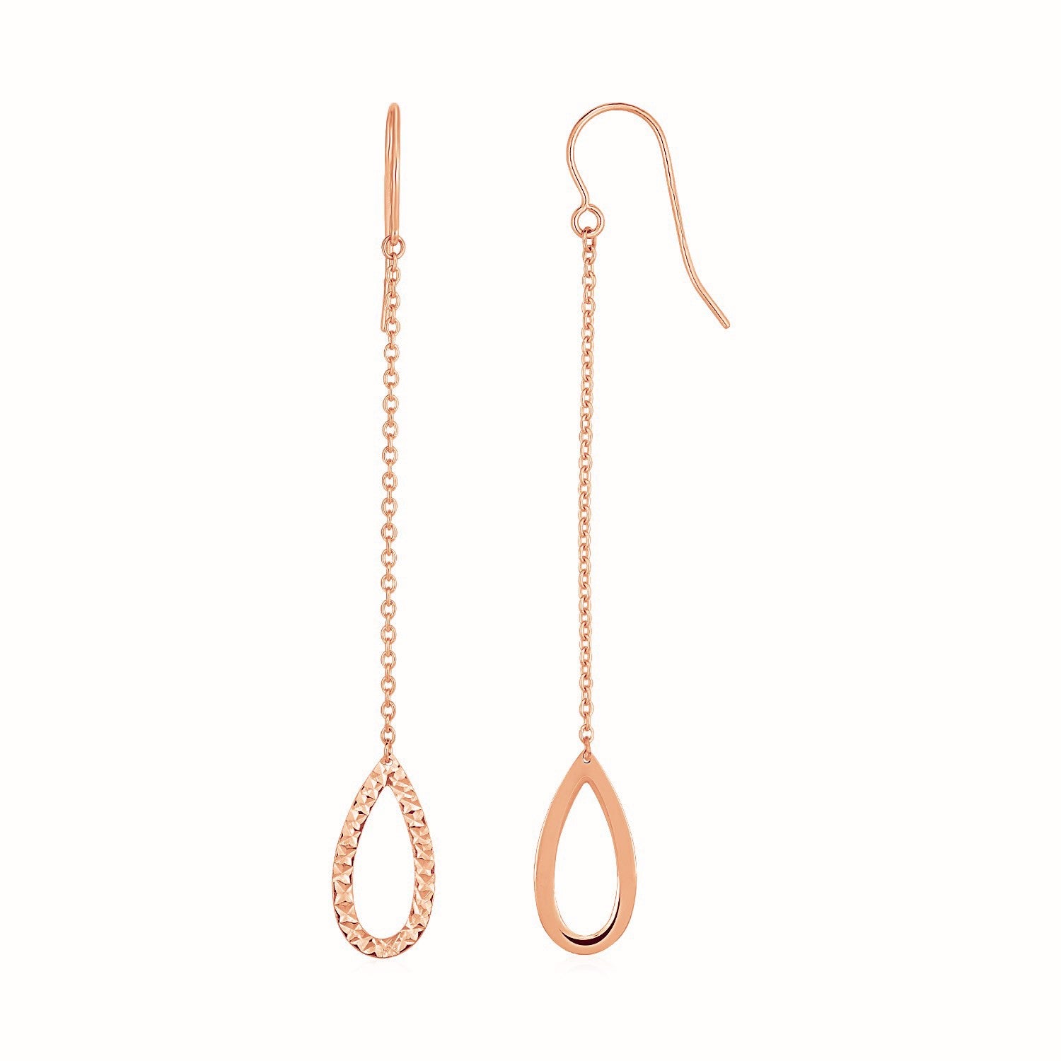 Textured Pear Shaped Long Drop Earrings in 14k Rose Gold in a sleek high-contrast midnight luxury editorial style