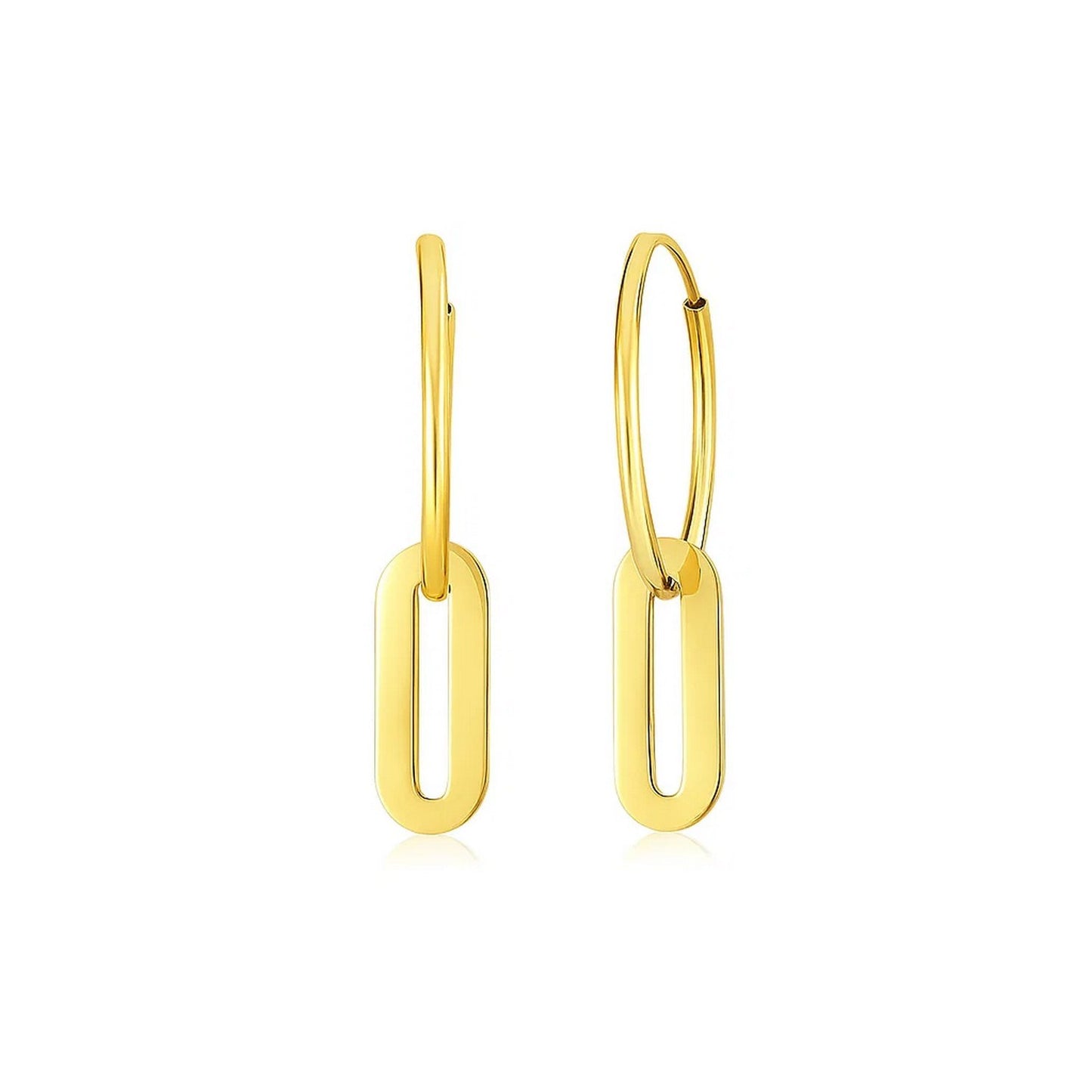 14k Yellow Gold Huggie Style Hoop Earrings with Paperclip Link Drops in a sleek high-contrast midnight luxury editorial style