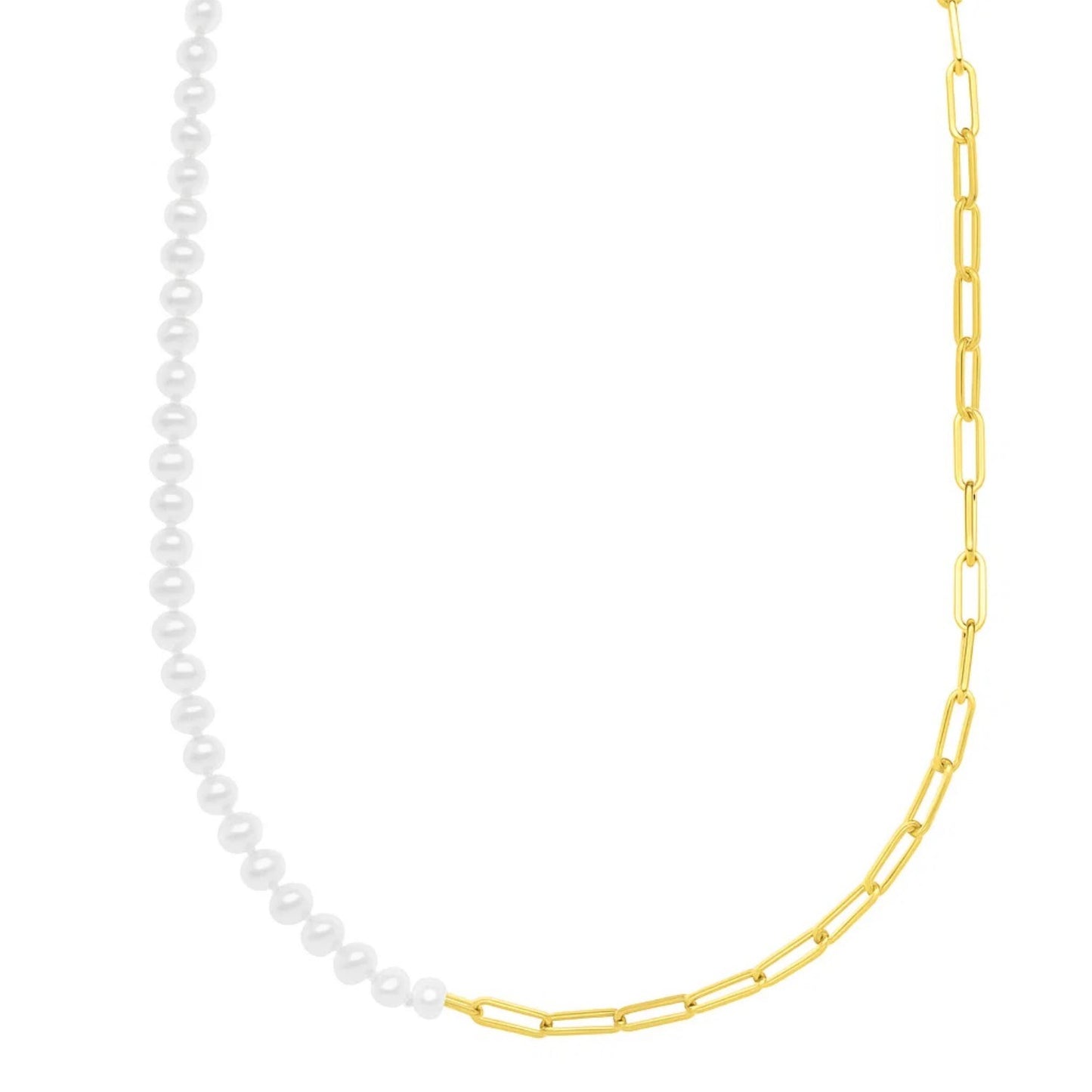 5mm Pearl and Lite Paperclip Necklace in 14K Yellow Gold in a sleek high-contrast midnight luxury editorial style
