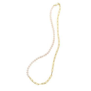 5mm Pearl and Lite Paperclip Necklace in 14K Yellow Gold