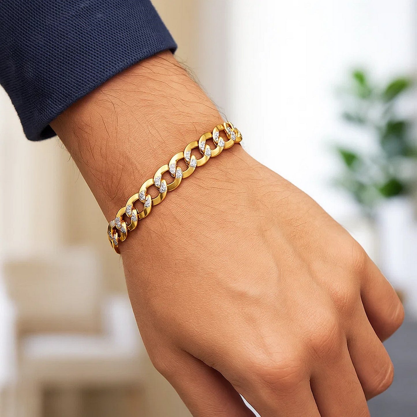 14k Two Tone Gold Pave Curb Bracelet (9.70 mm)