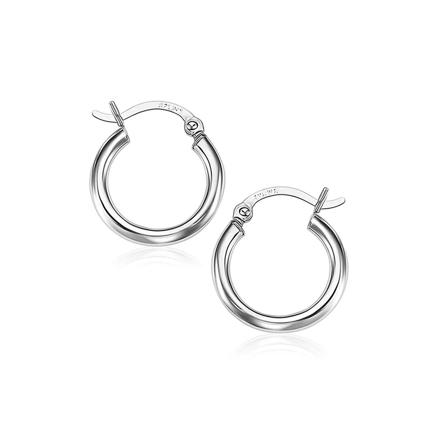 10k White Gold Polished Hoop Earrings (2x15 mm) in a sleek high-contrast midnight luxury editorial style