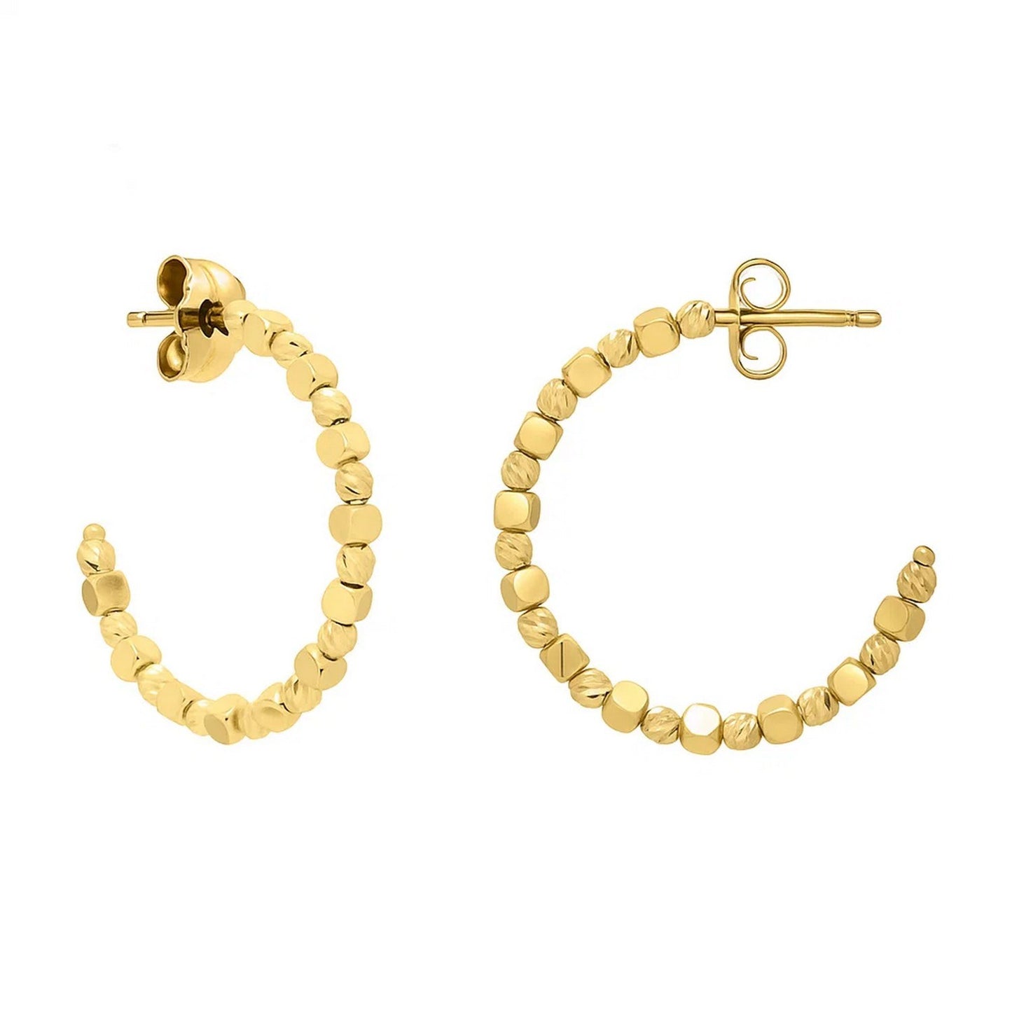 Pebble C Hoop Earrings in 14K Yellow Gold in a sleek high-contrast midnight luxury editorial style