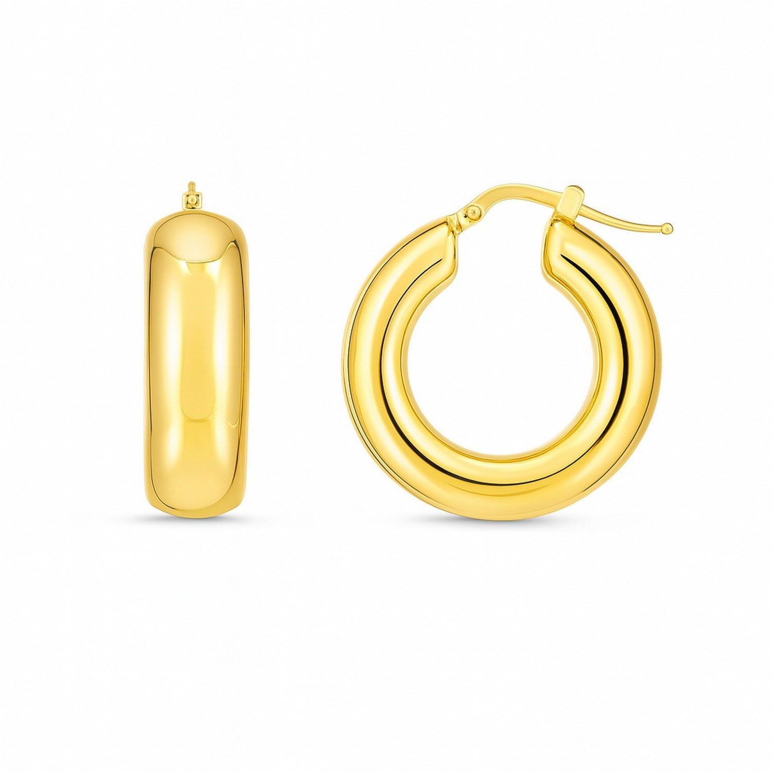 14k Yellow Gold Medium Puffy Hoops in a sleek high-contrast midnight luxury editorial style