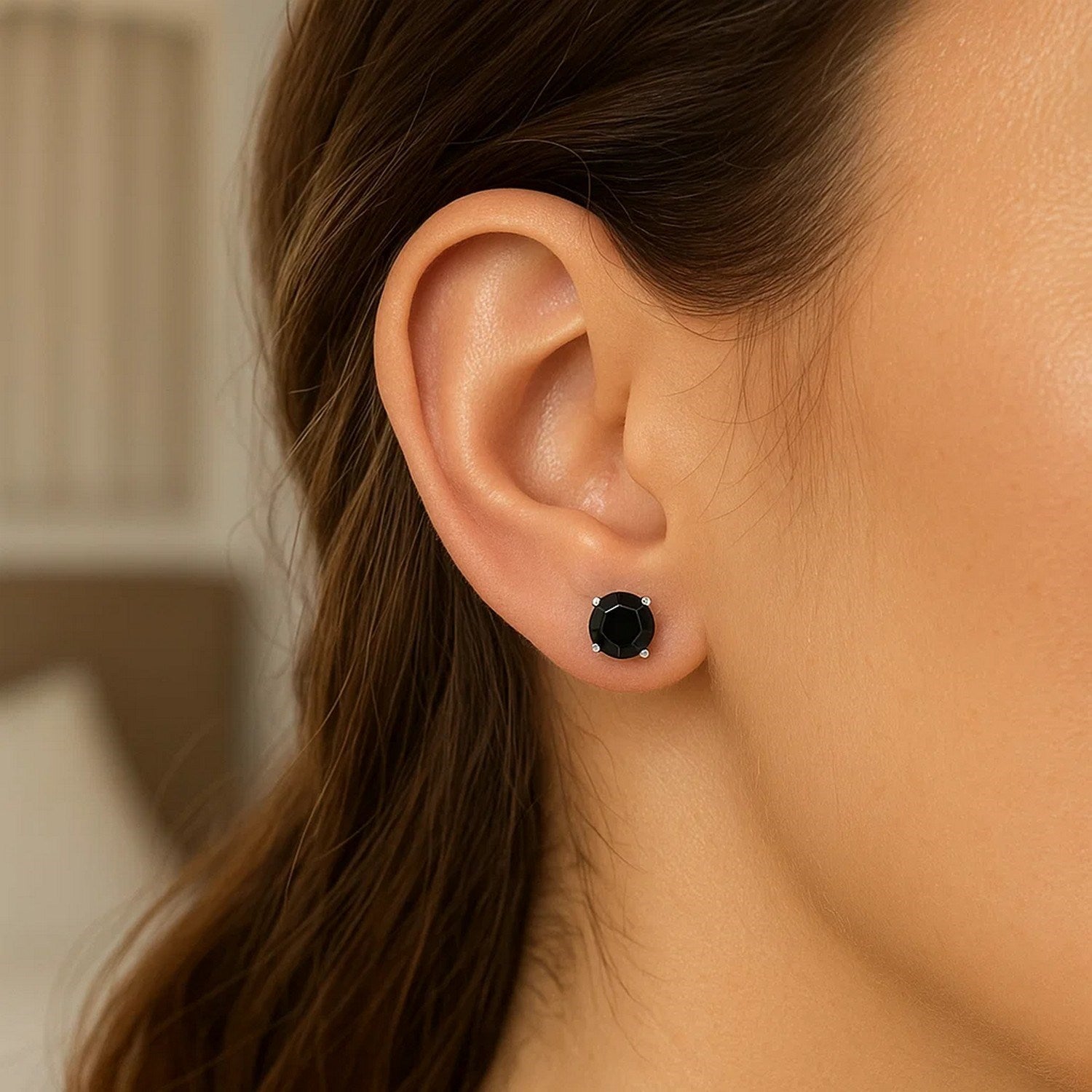 14k White Gold Stud Earrings with Black Faceted Cubic Zirconia(5mm) - Peelerie