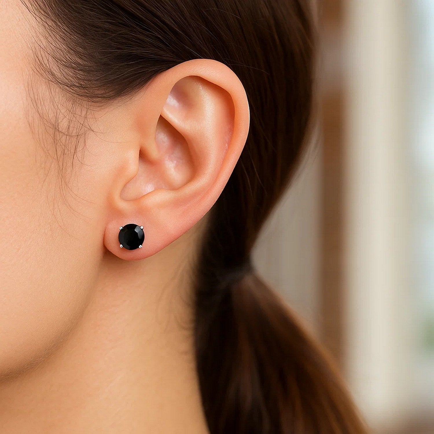 14k White Gold Stud Earrings with Black Faceted Cubic Zirconia(5mm) - Peelerie