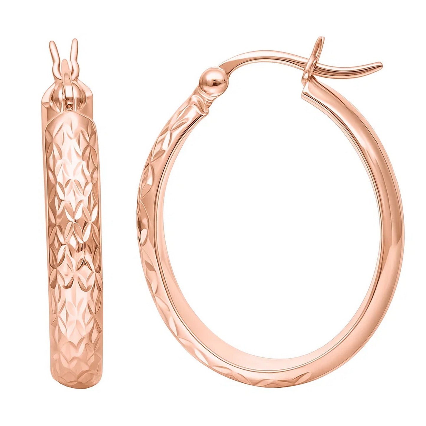 14k Rose Gold Hammered Oval Hoop Earrings in a sleek high-contrast midnight luxury editorial style