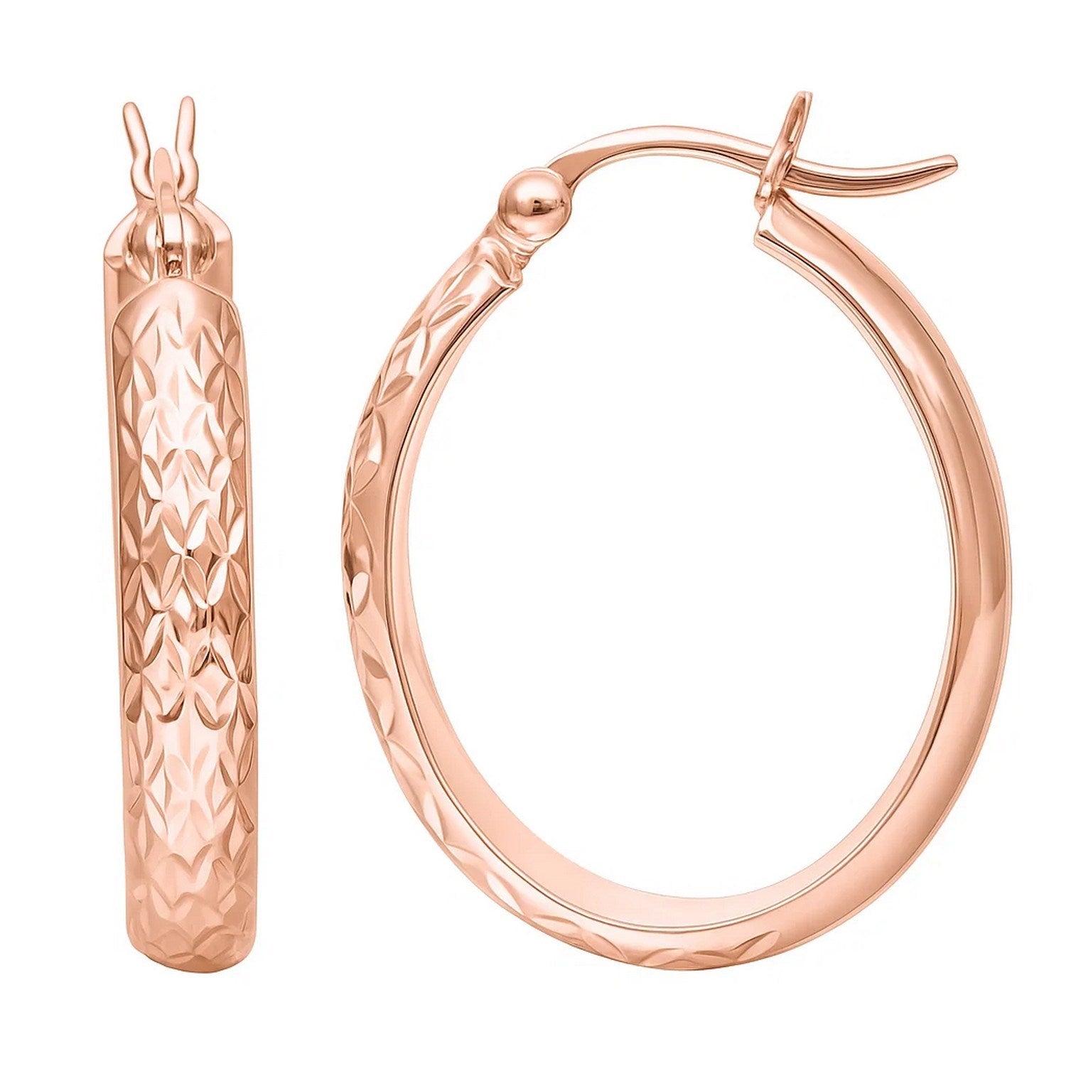14k Rose Gold Hammered Oval Hoop Earrings in a sleek high-contrast midnight luxury editorial style