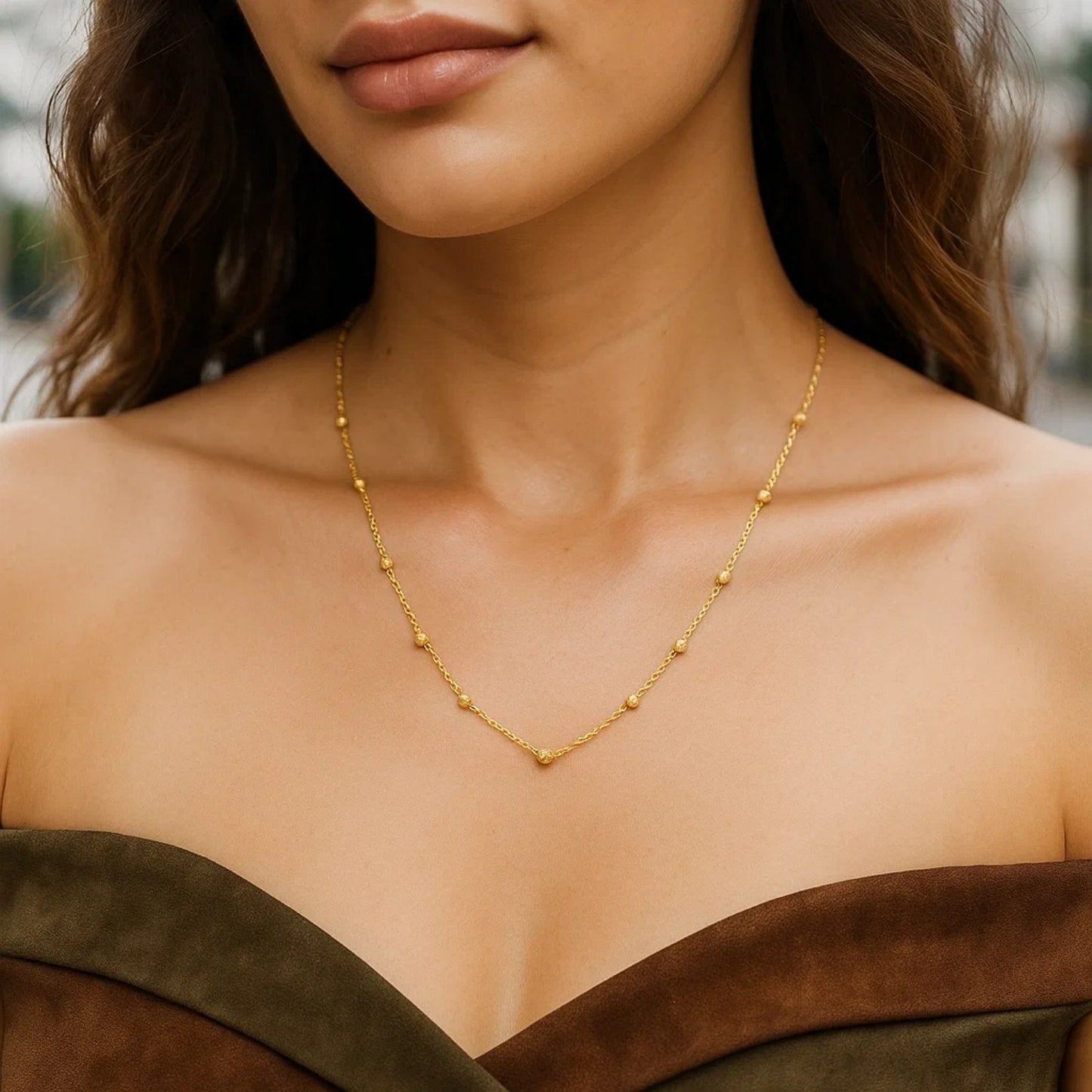 Textured Saturn Bead Necklace in 14K Yellow Gold