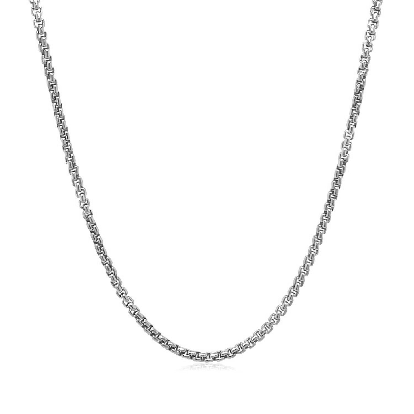 14k White Gold Solid Round Box Chain (1.60 mm) in a sleek high-contrast midnight luxury editorial style