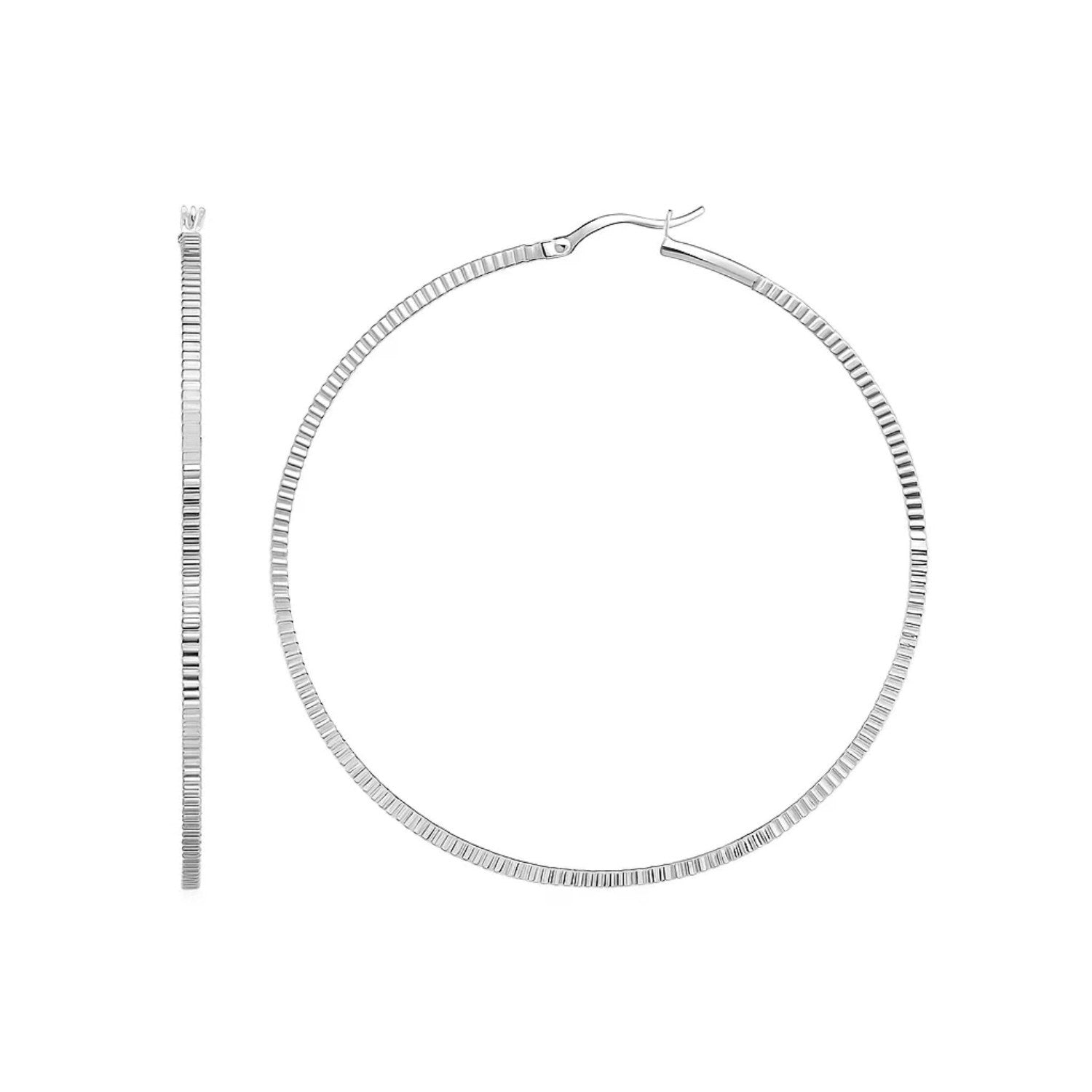 Ridge Textured Hoop Earrings in Sterling Silver(2x50mm) in a sleek high-contrast midnight luxury editorial style