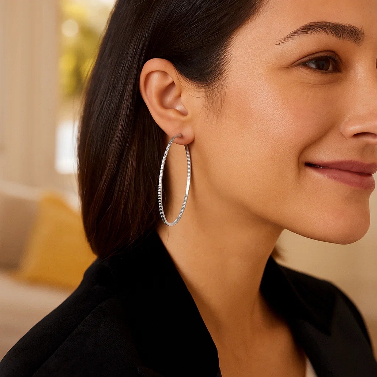 Ridge Textured Hoop Earrings in Sterling Silver(2x50mm) - Peelerie