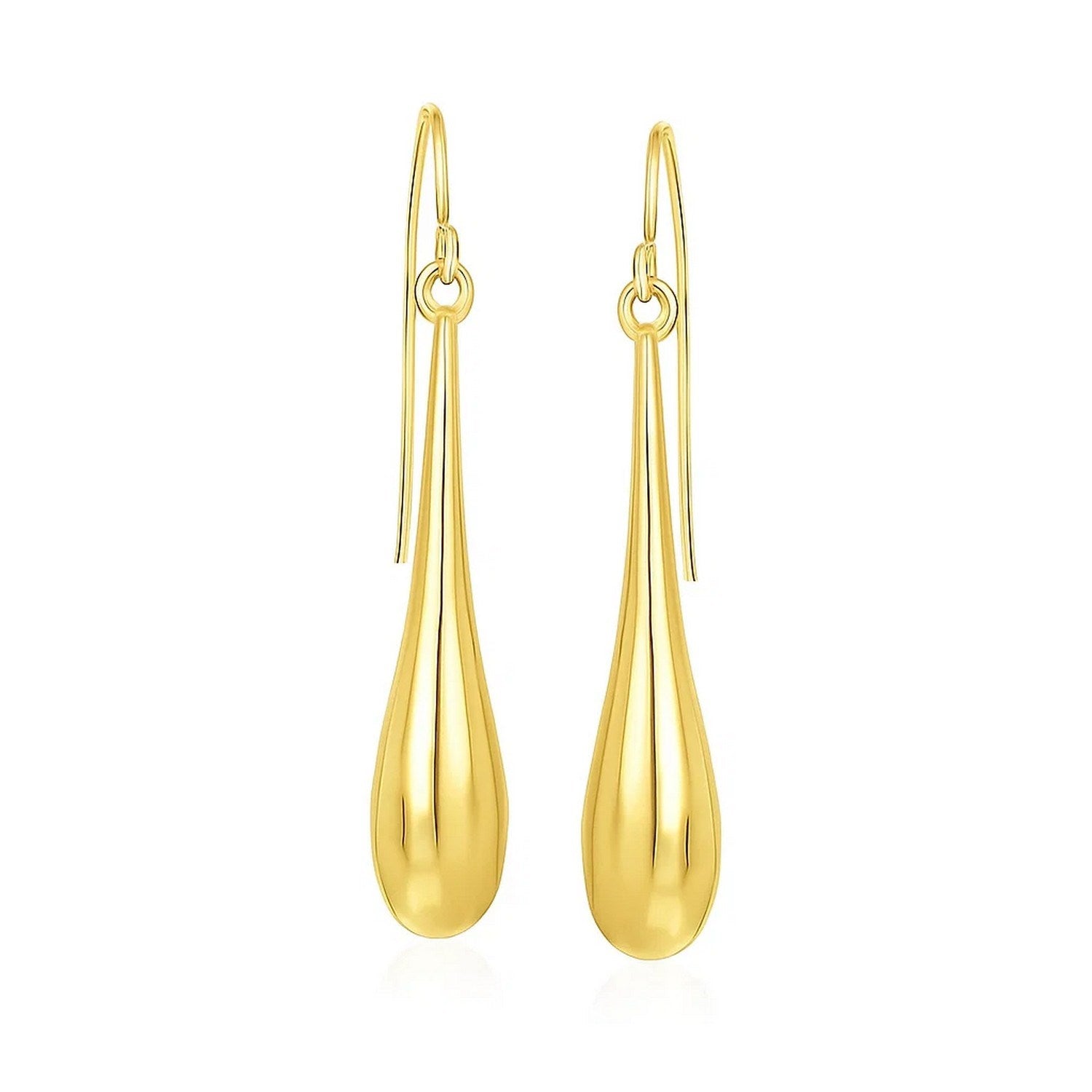 14k Yellow Gold Long Polished Teardrop Dangling Earrings in a sleek high-contrast midnight luxury editorial style