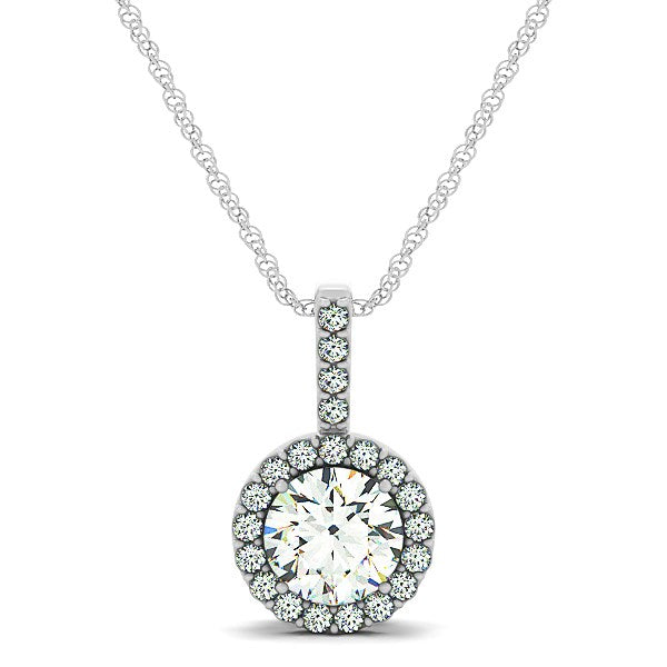 14k White Gold Diamond Halo Round Style Pendant (5/8 cttw) in a sleek high-contrast midnight luxury editorial style