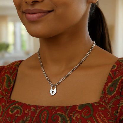 Sterling Silver Rhodium Plated Pad Lock Necklace