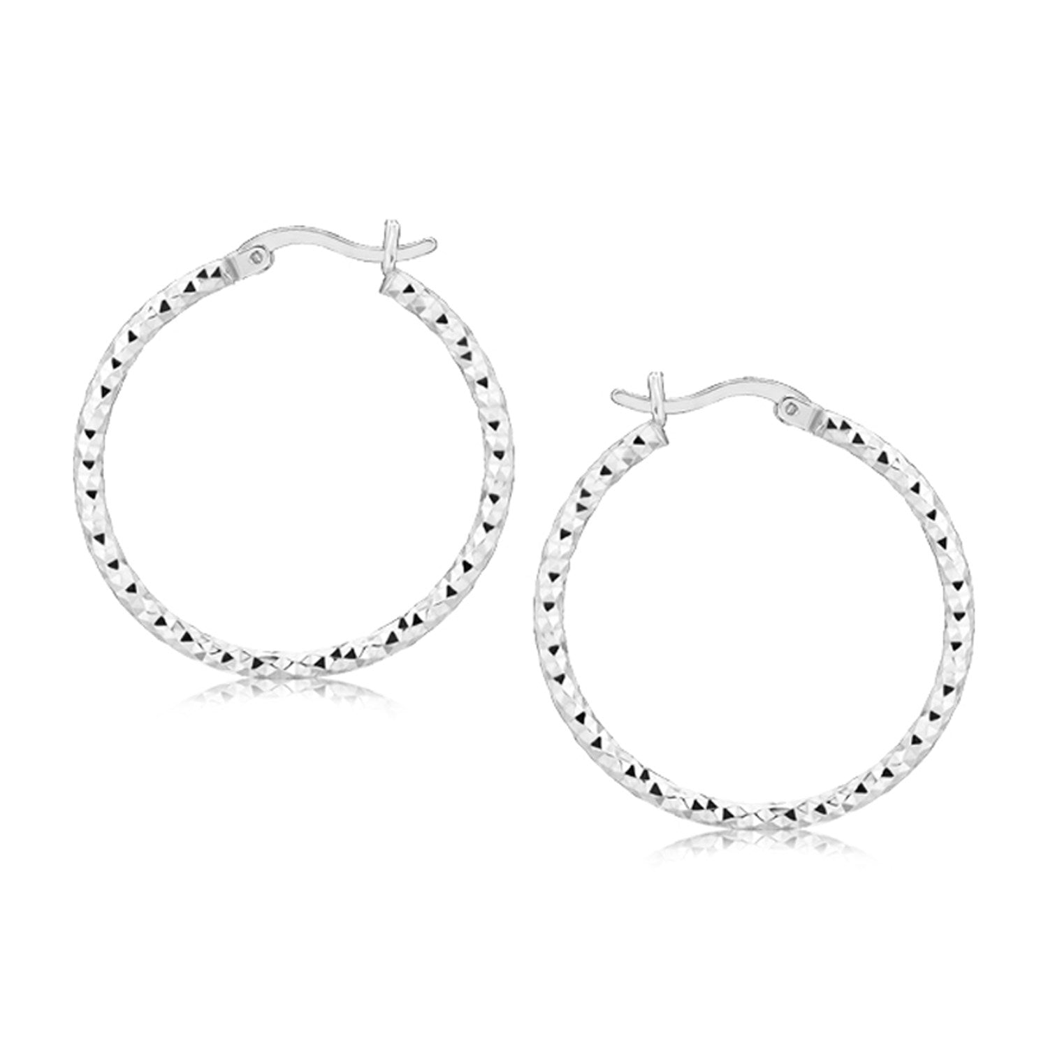 Sterling Silver Faceted Motif Hoop Earrings with Rhodium Plating(2x25mm) in a sleek high-contrast midnight luxury editorial s
