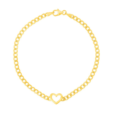 14k Yellow Gold 7 inch Curb Chain Bracelet with Heart (3.40 mm)