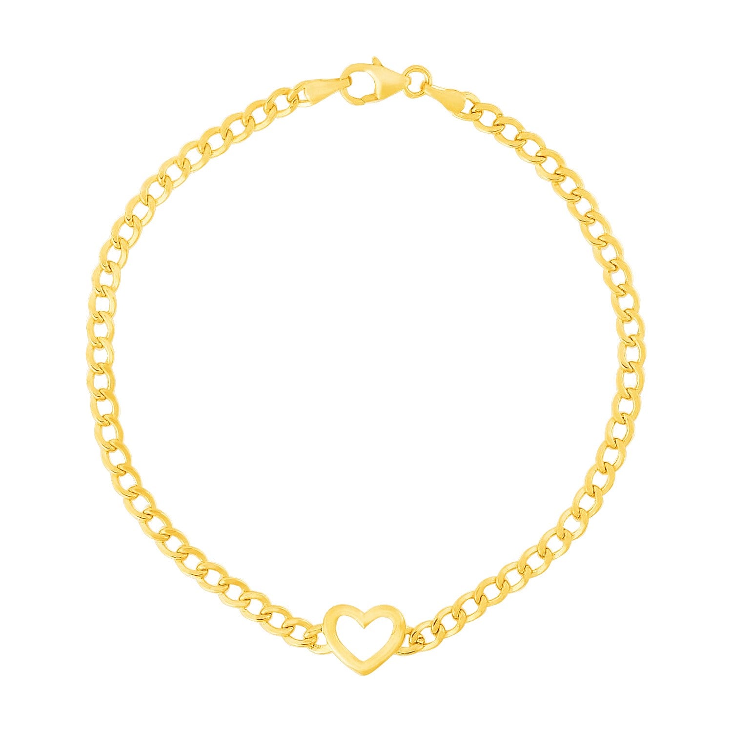 14k Yellow Gold 7 inch Curb Chain Bracelet with Heart (3.40 mm) - Peelerie