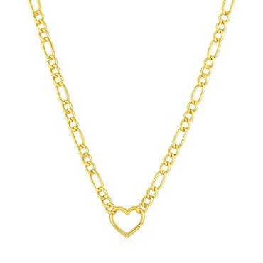 14k Yellow Gold Figaro Chain Necklace with Heart