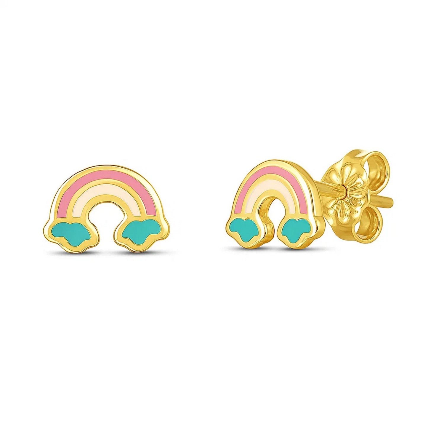 14k Yellow Gold Rainbow Studs in a sleek high-contrast midnight luxury editorial style