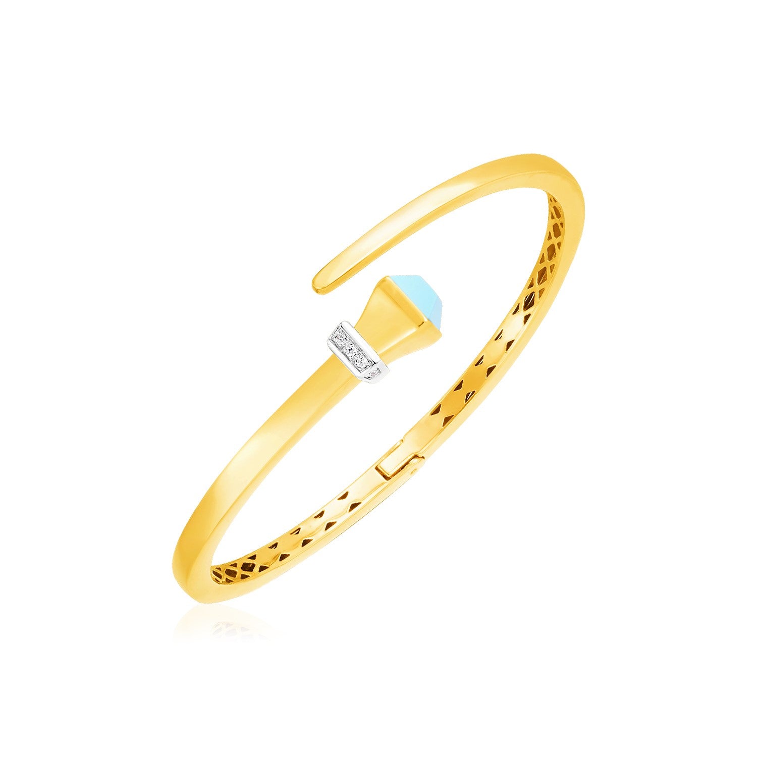 14k Yellow Gold Crossover Style Hinged Bangle Bracelet (3.40 mm) in a sleek high-contrast midnight luxury editorial style