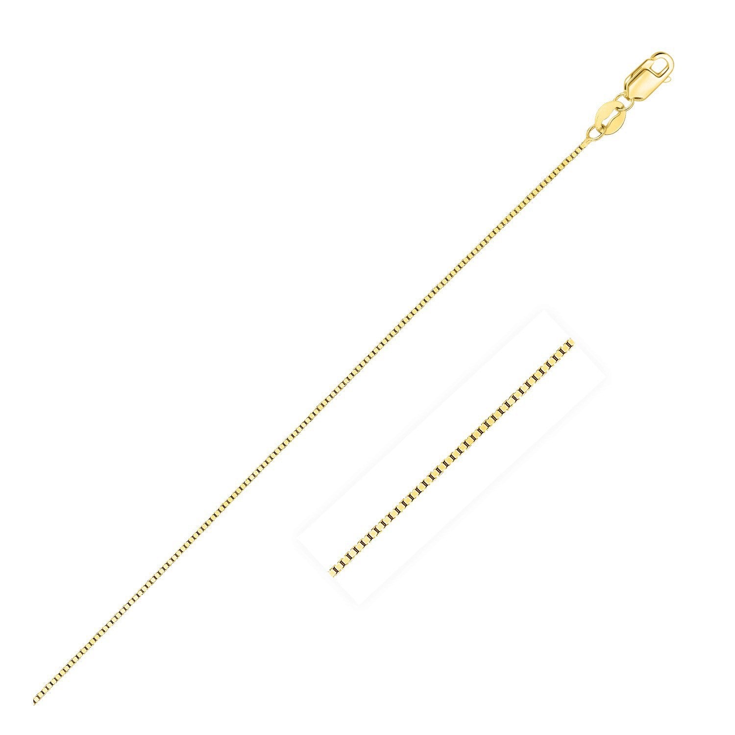 10k Yellow Gold Classic Box Chain (0.45 mm) in a sleek high-contrast midnight luxury editorial style